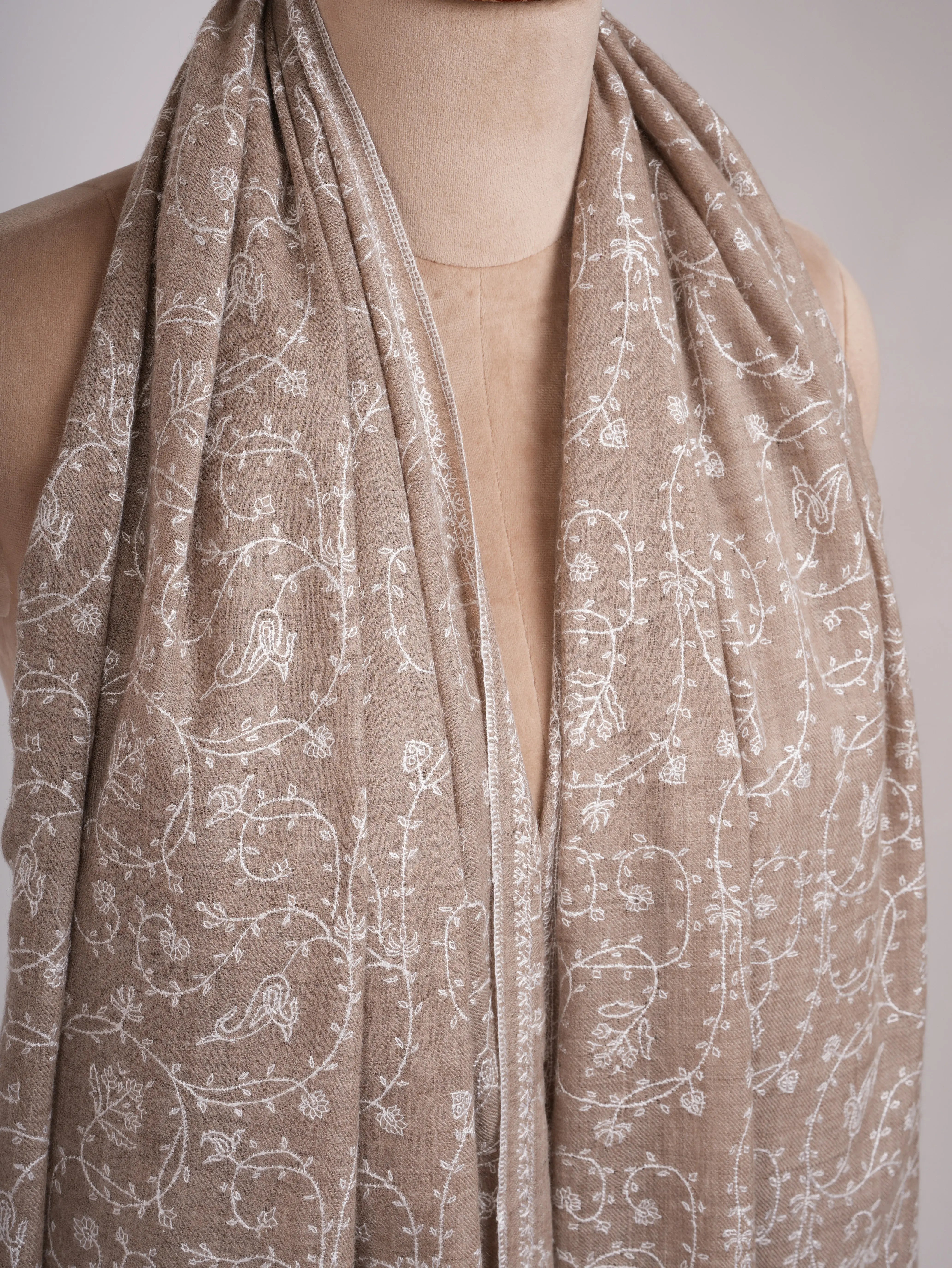 Natural Grey Pashmina Shawl with White Embroidery Shahkaar