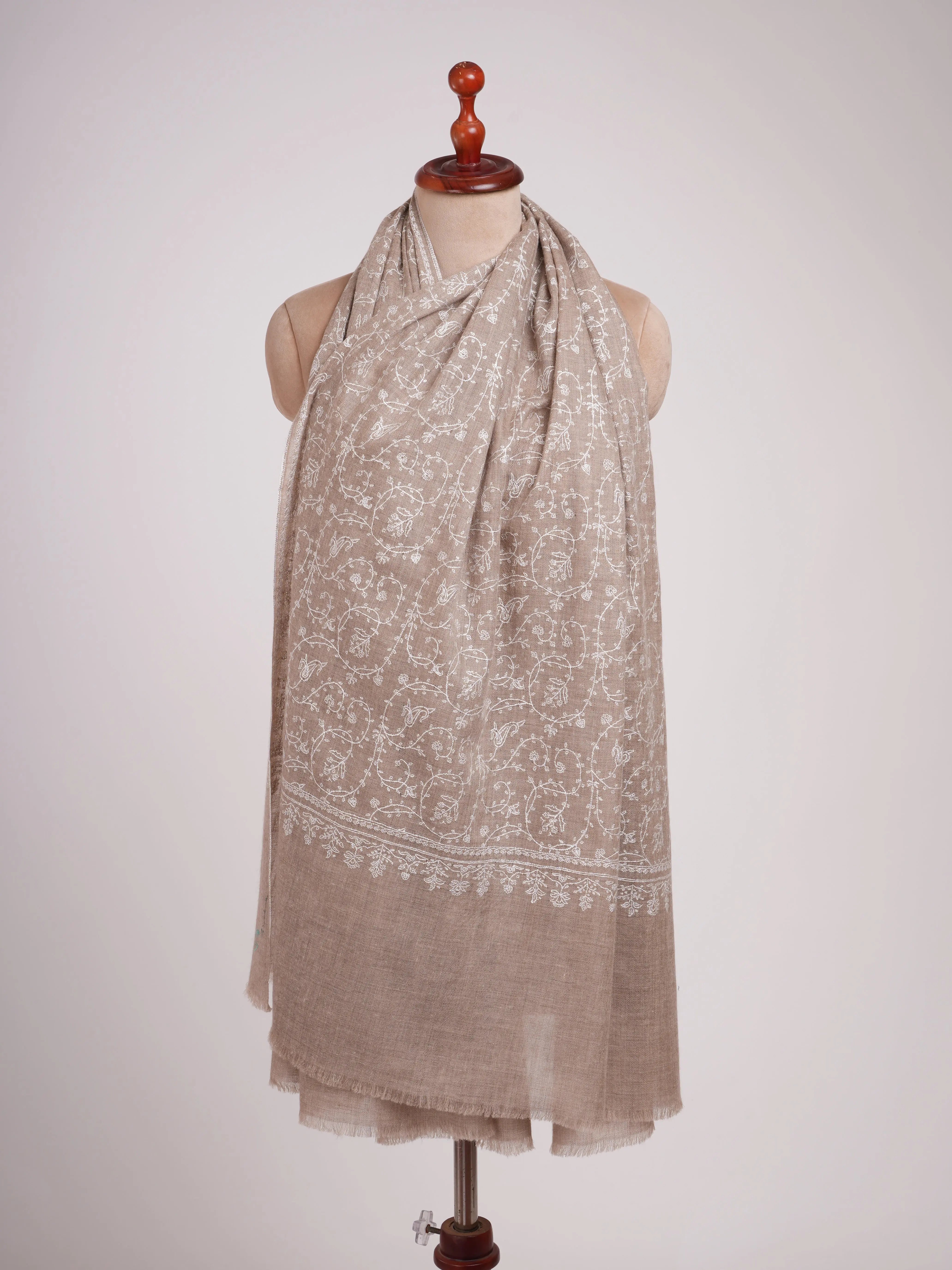 Natural Grey Pashmina Shawl with White Embroidery Shahkaar