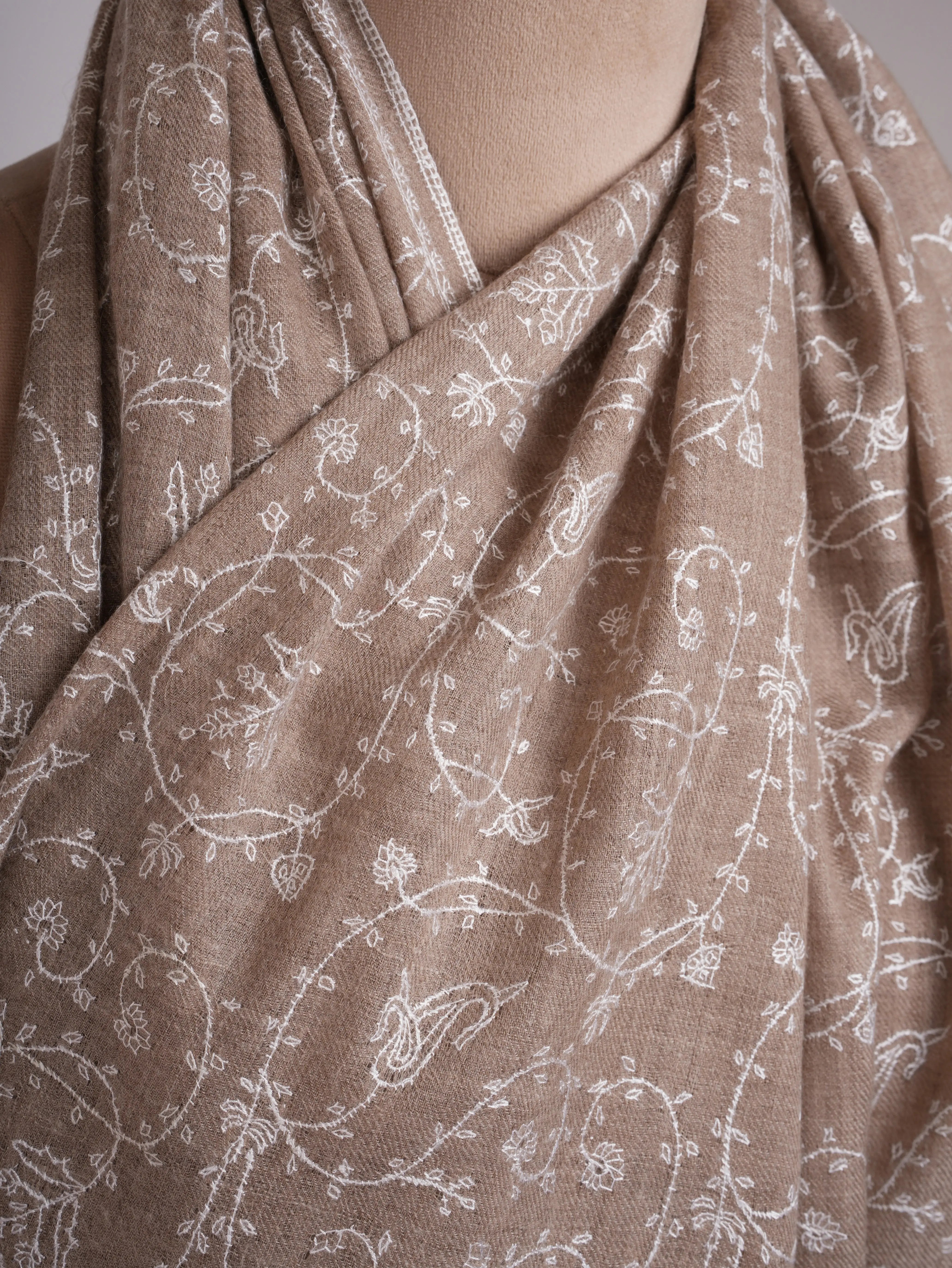 Natural Grey Pashmina Shawl with White Embroidery Shahkaar