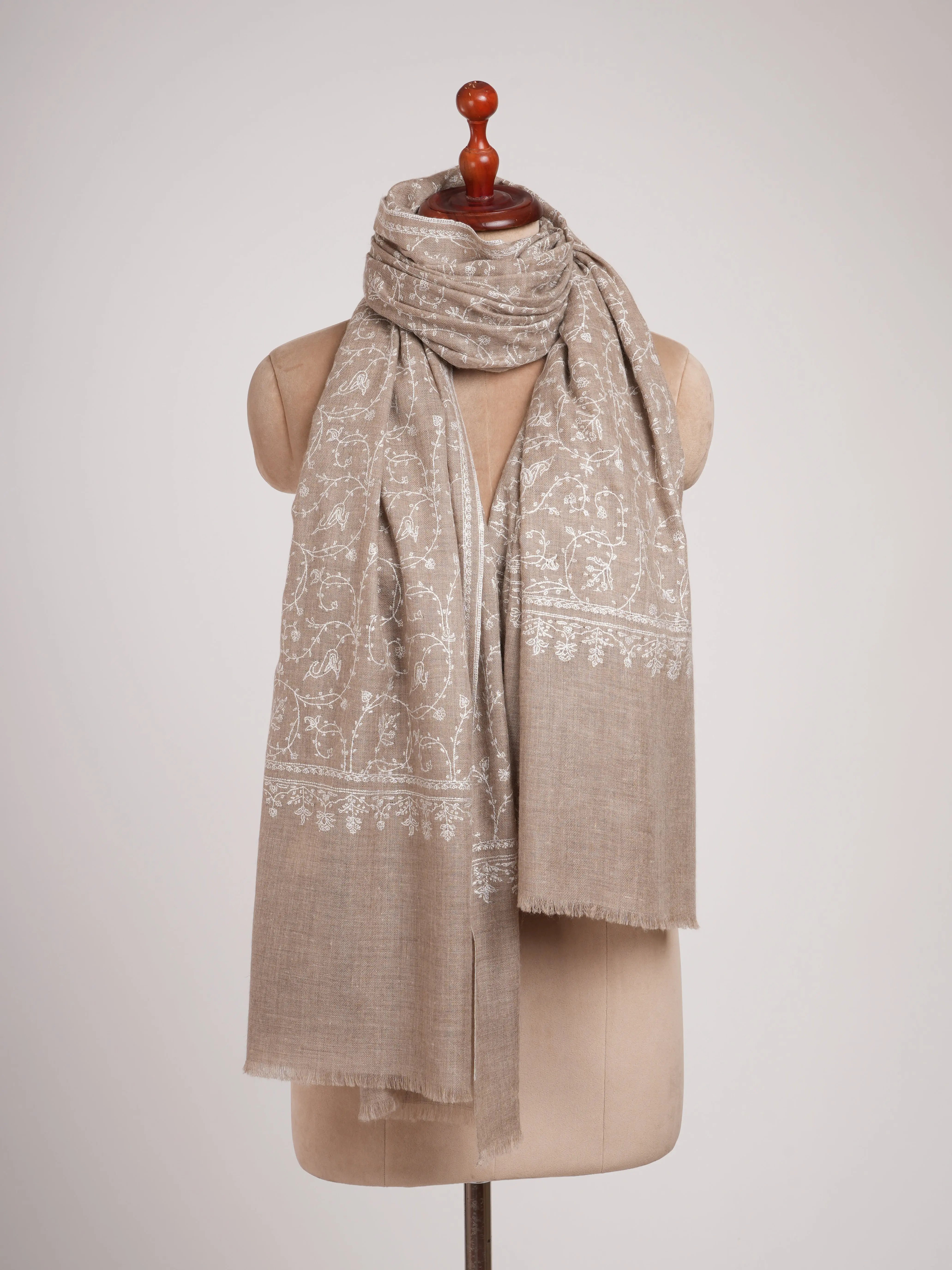 Natural Grey Pashmina Shawl with White Embroidery Shahkaar