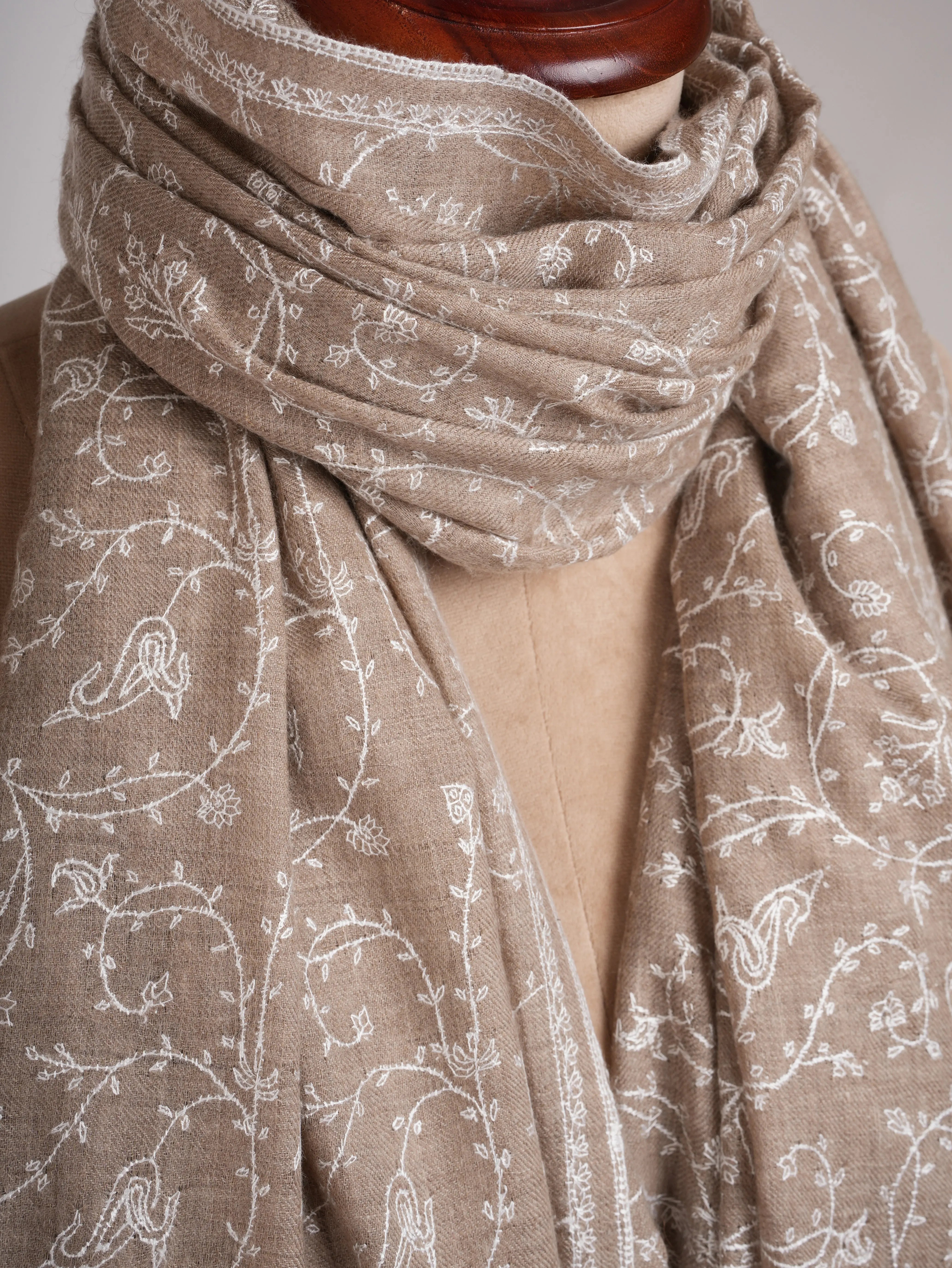 Natural Grey Pashmina Shawl with White Embroidery Shahkaar