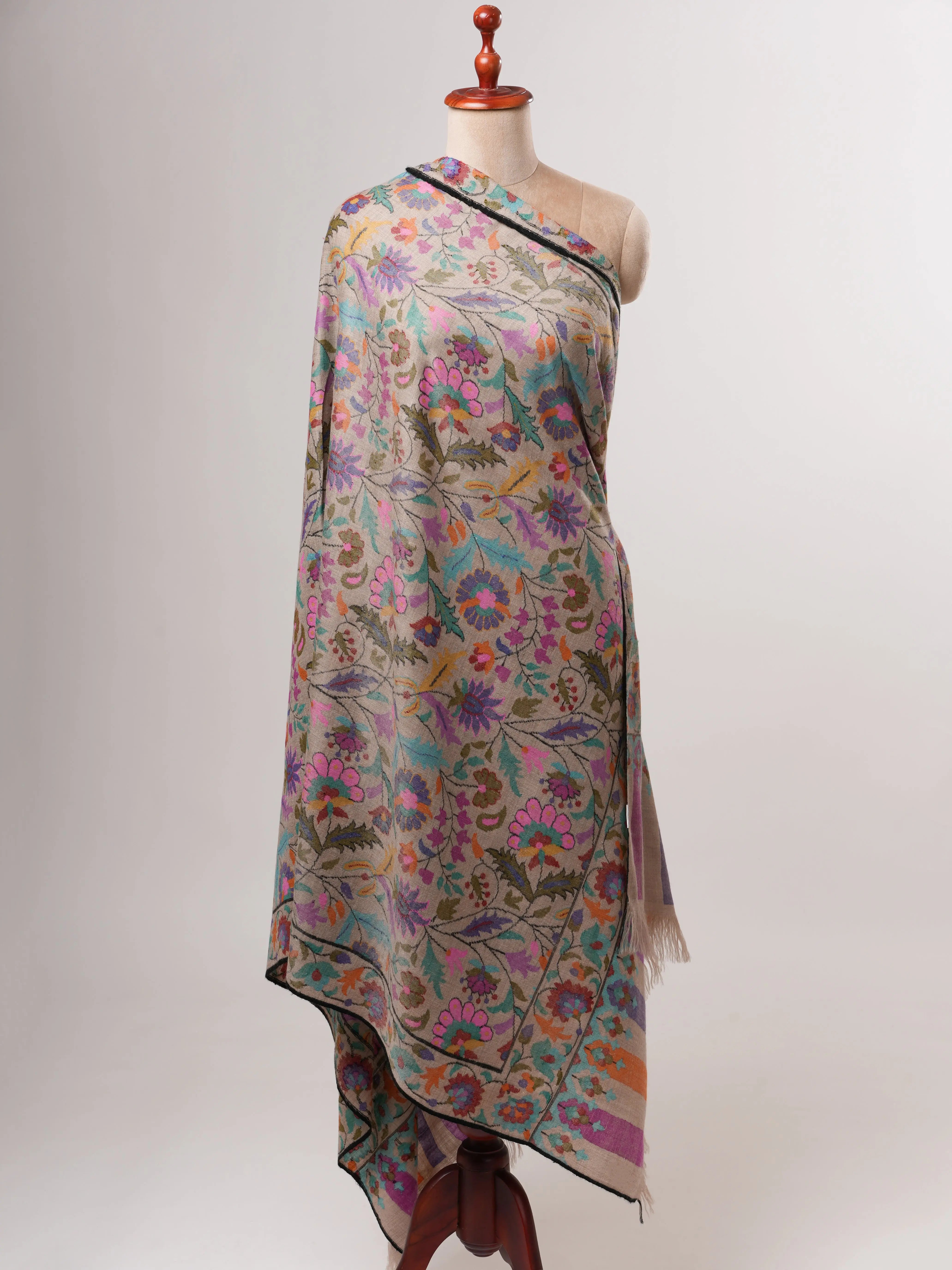 Natural Grey Pure Kashmiri Kani Pashmina Shawl with Detailed Motifs Shahkaar