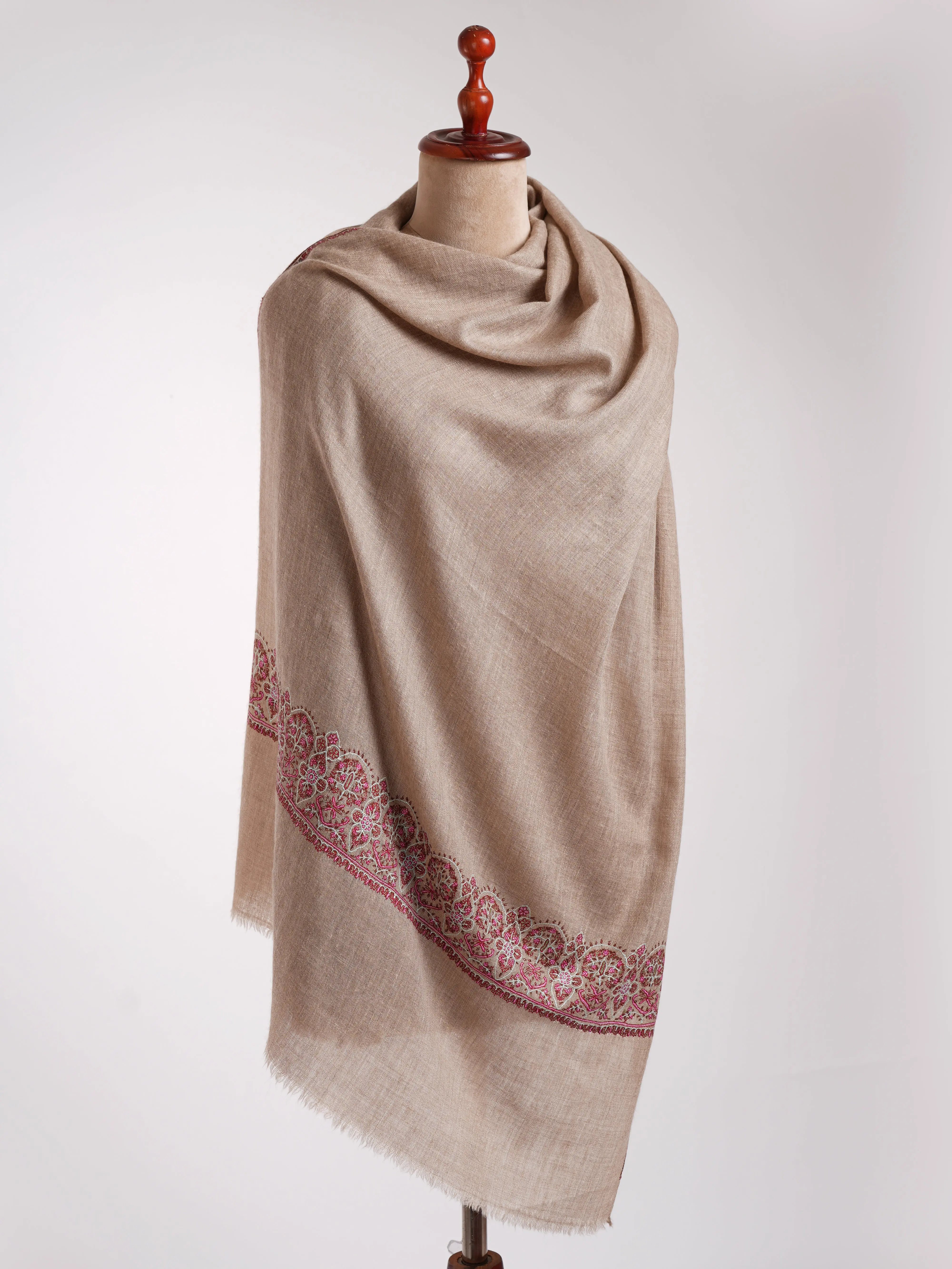 Natural Grey Sozni Embroidered Cashmere Stole Shahkaar