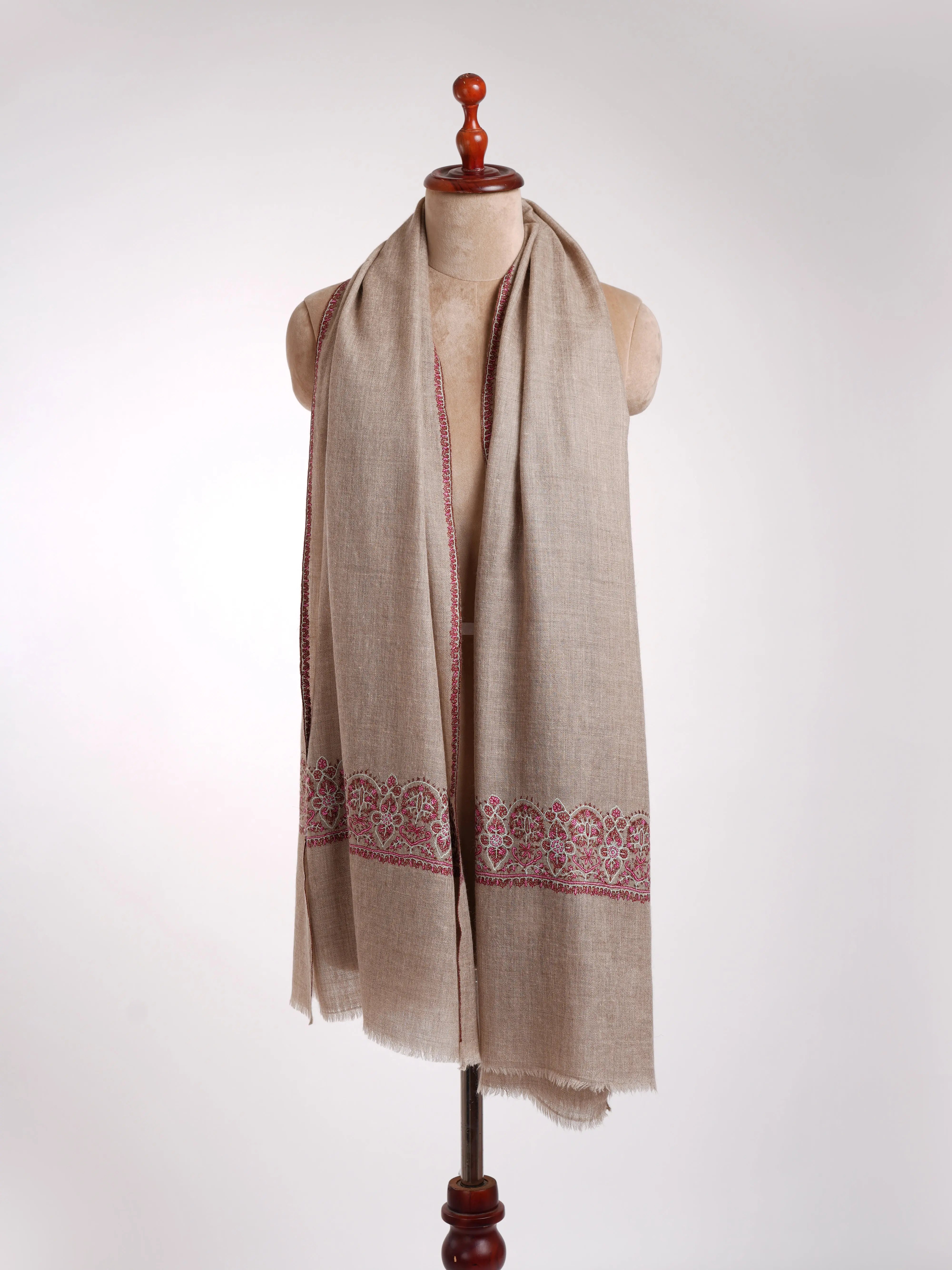 Natural Grey Sozni Embroidered Cashmere Stole Shahkaar