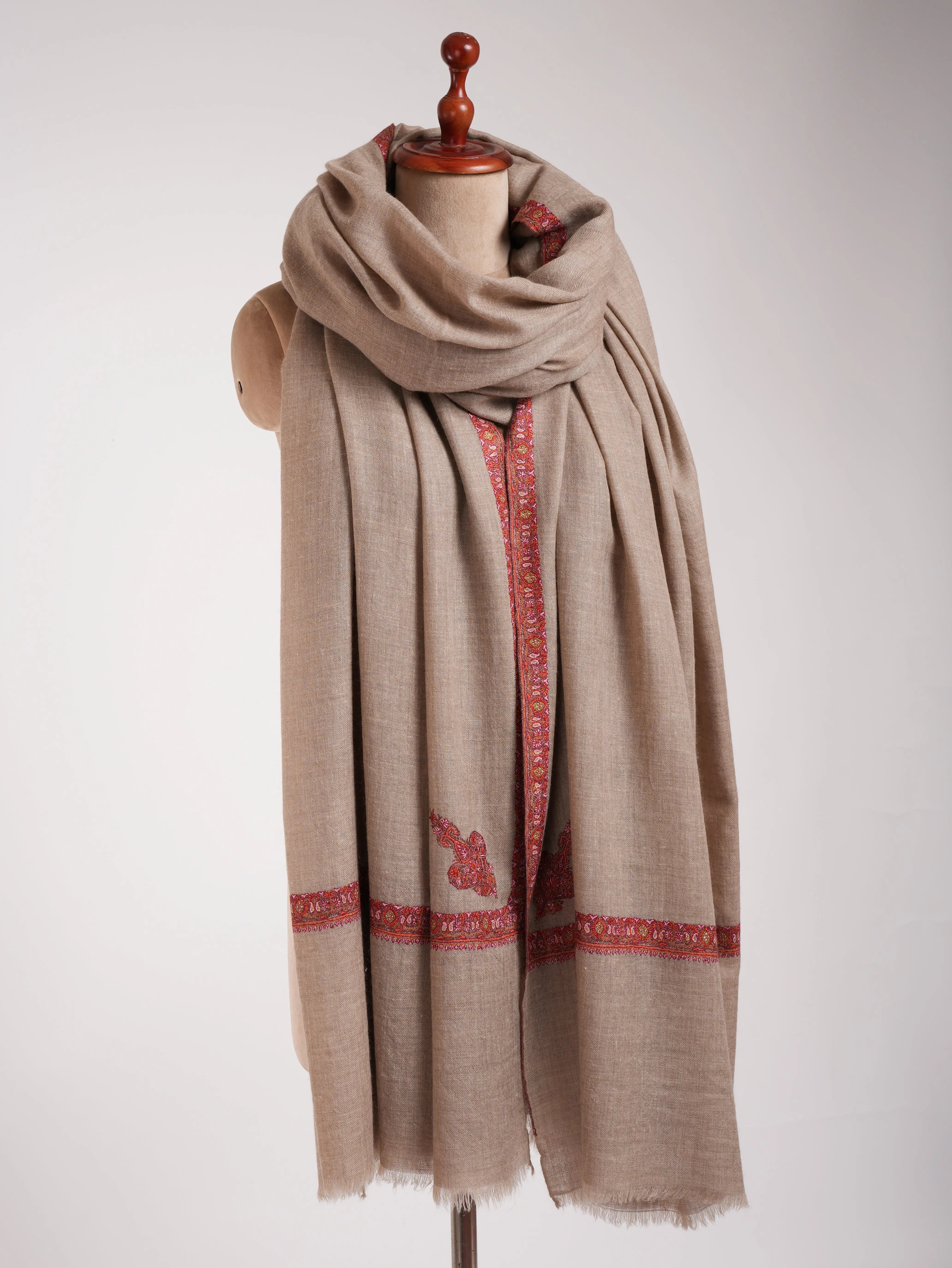 Natural Grey Sozni Embroidered Oversized Original Pashmina Shawl Shahkaar
