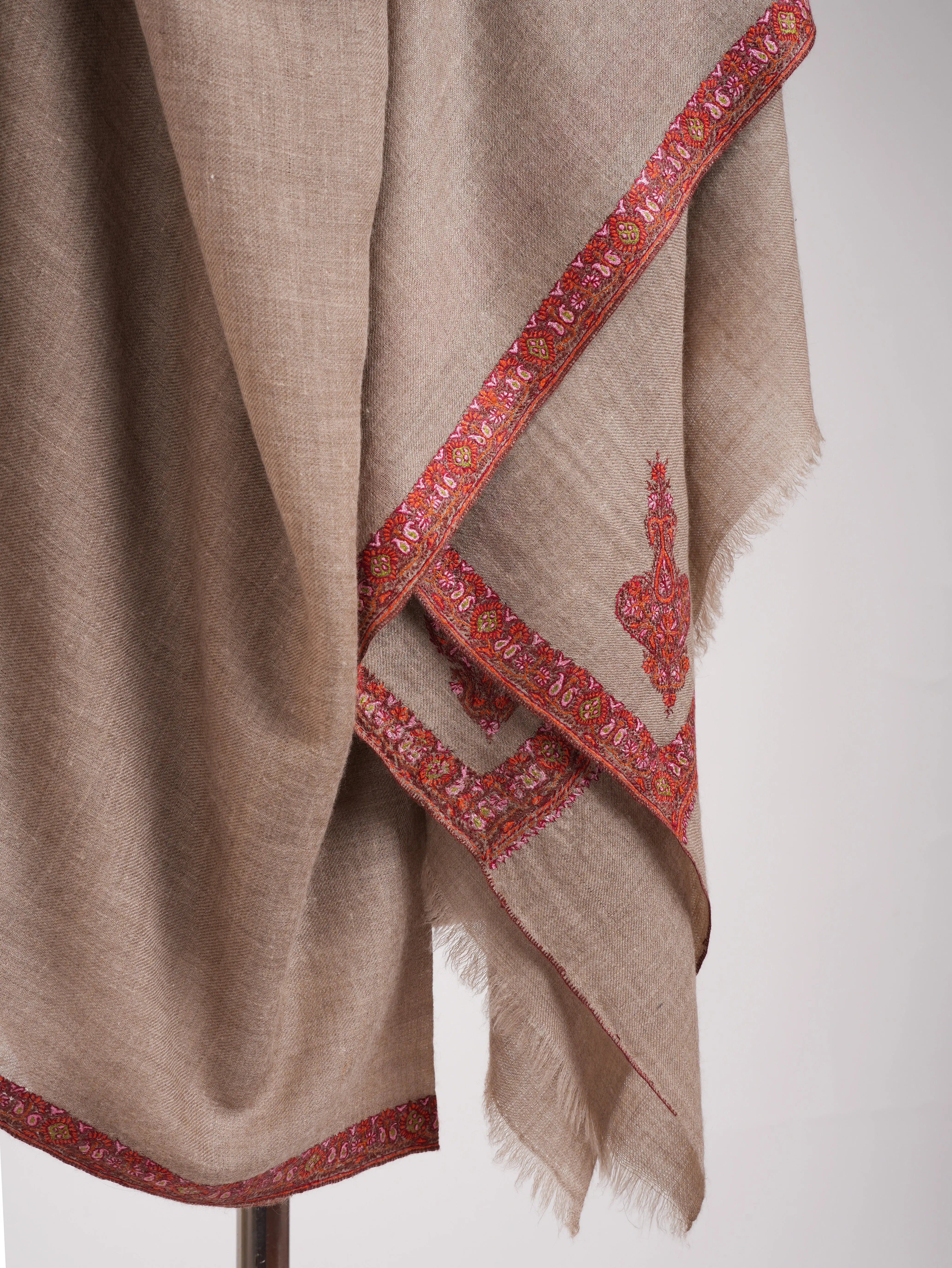 Natural Grey Sozni Embroidered Oversized Original Pashmina Shawl Shahkaar