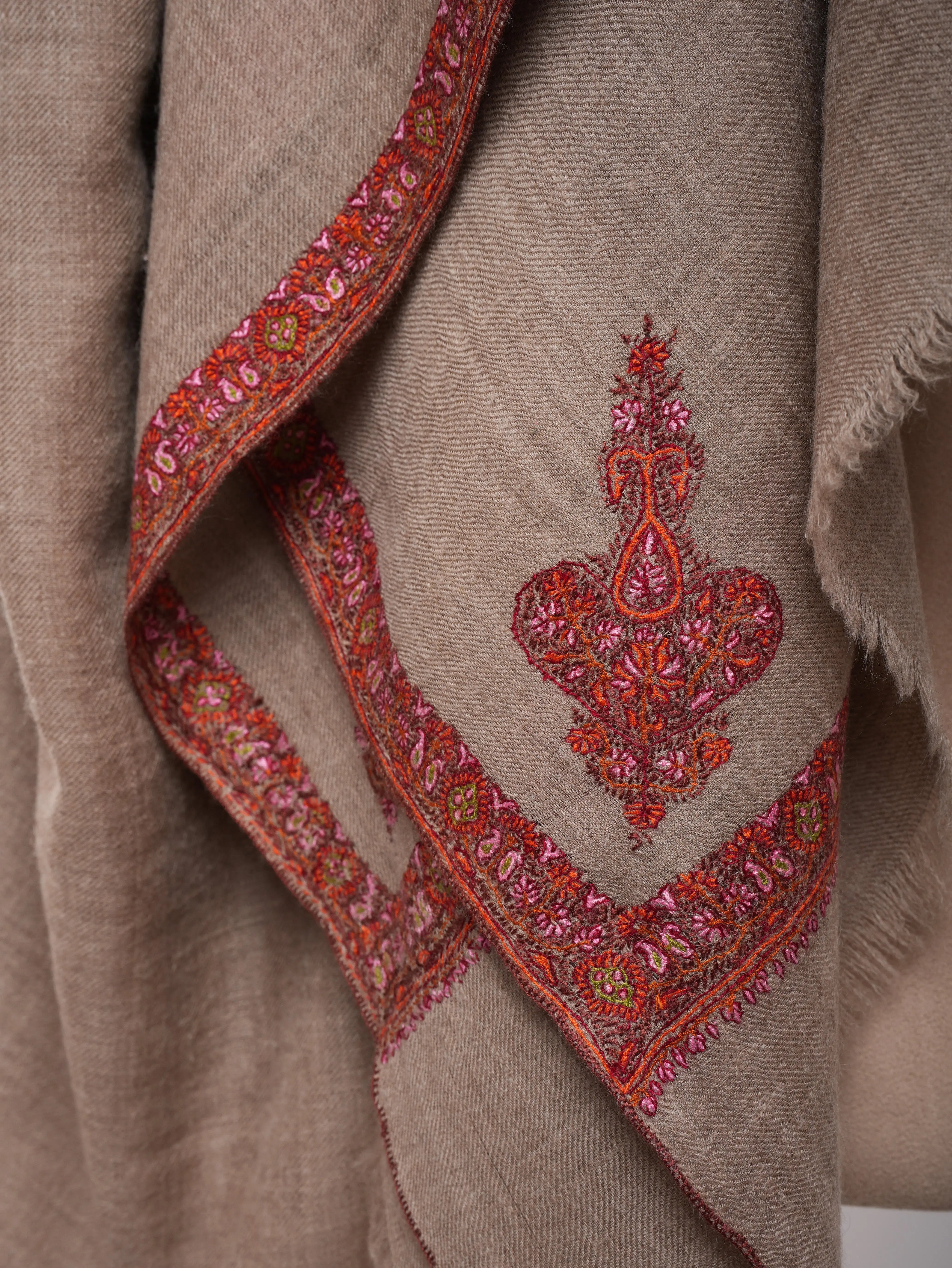 Natural Grey Sozni Embroidered Oversized Original Pashmina Shawl Shahkaar