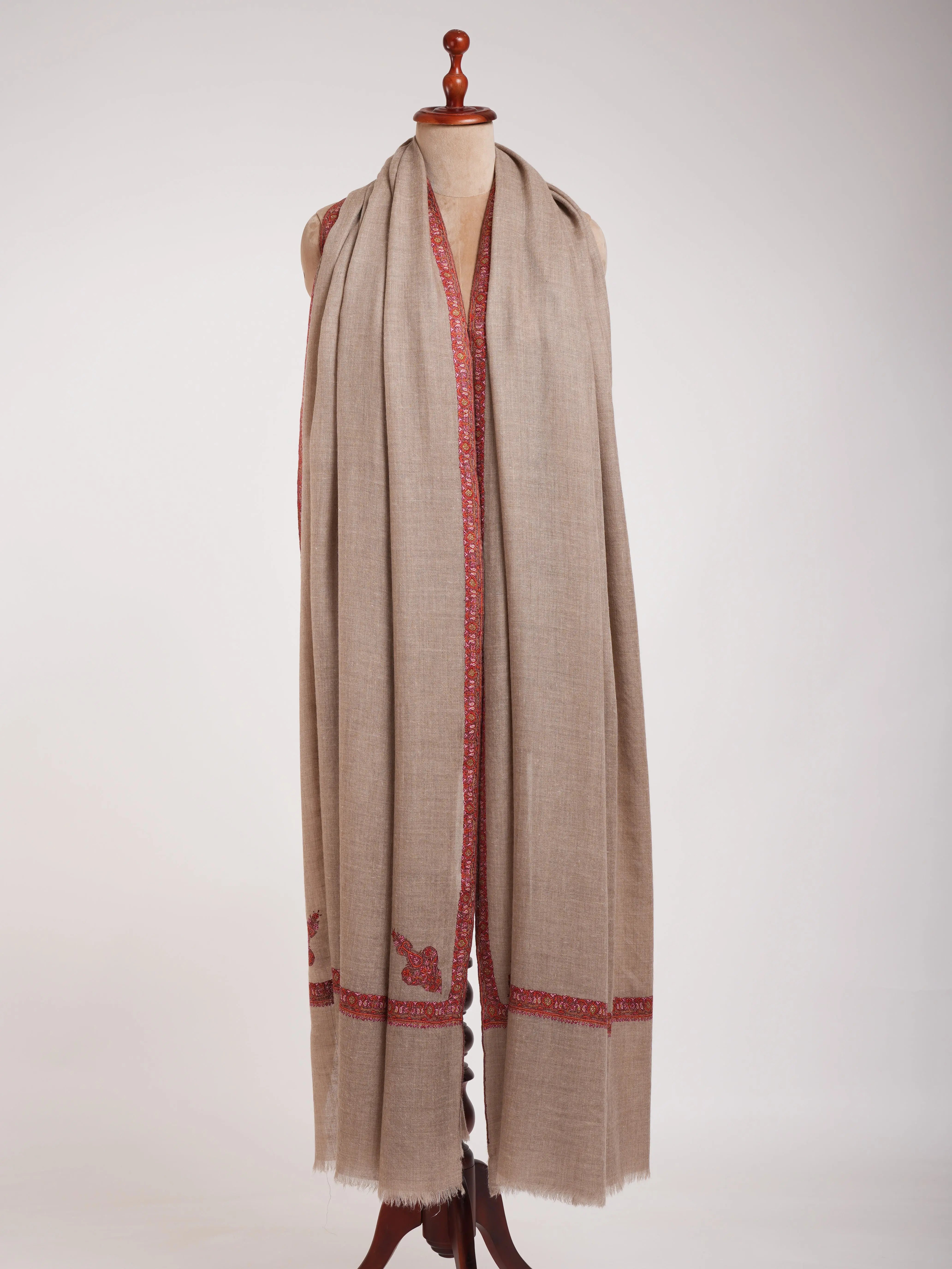 Natural Grey Sozni Embroidered Oversized Original Pashmina Shawl Shahkaar