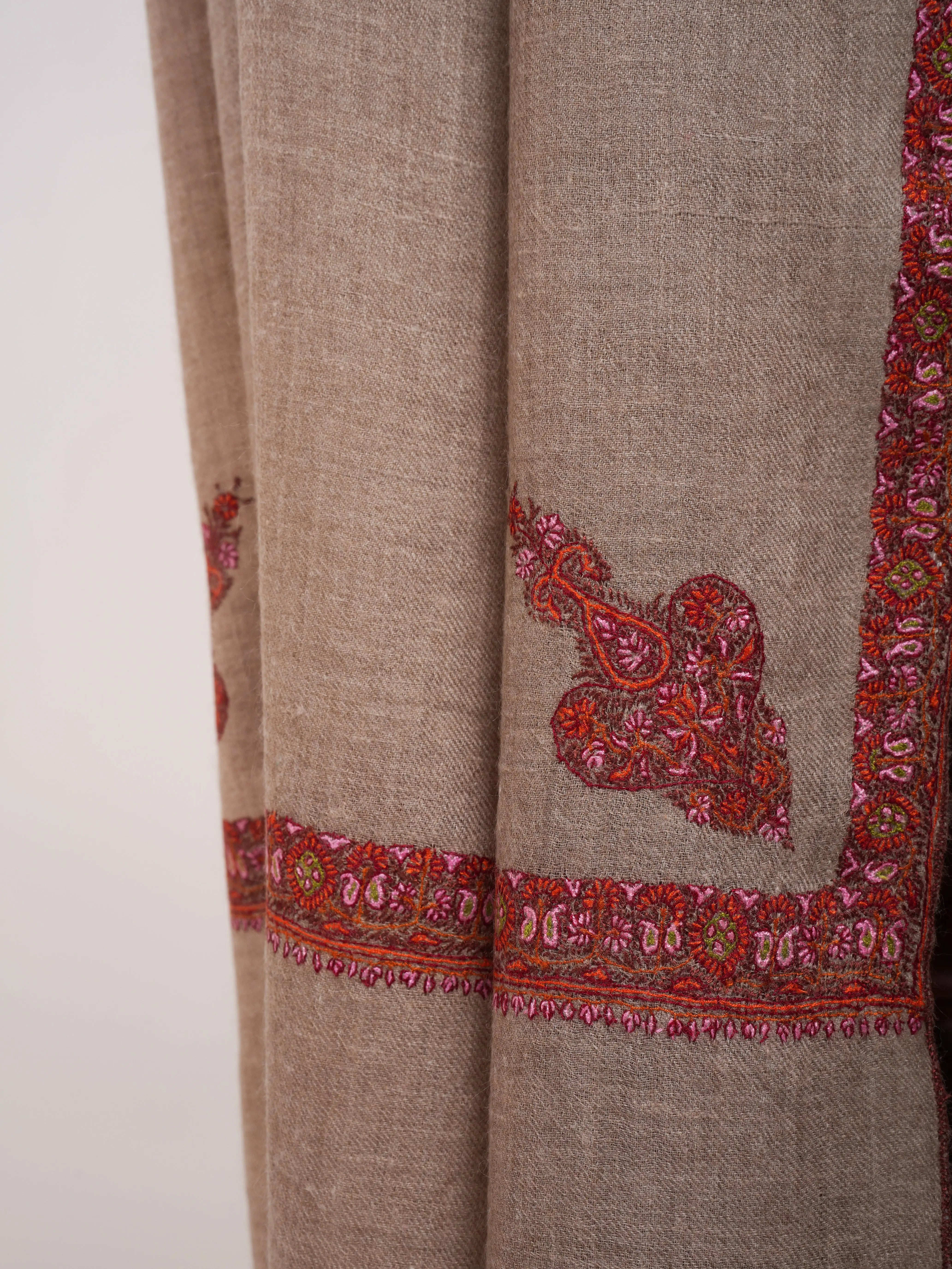 Natural Grey Sozni Embroidered Oversized Original Pashmina Shawl Shahkaar