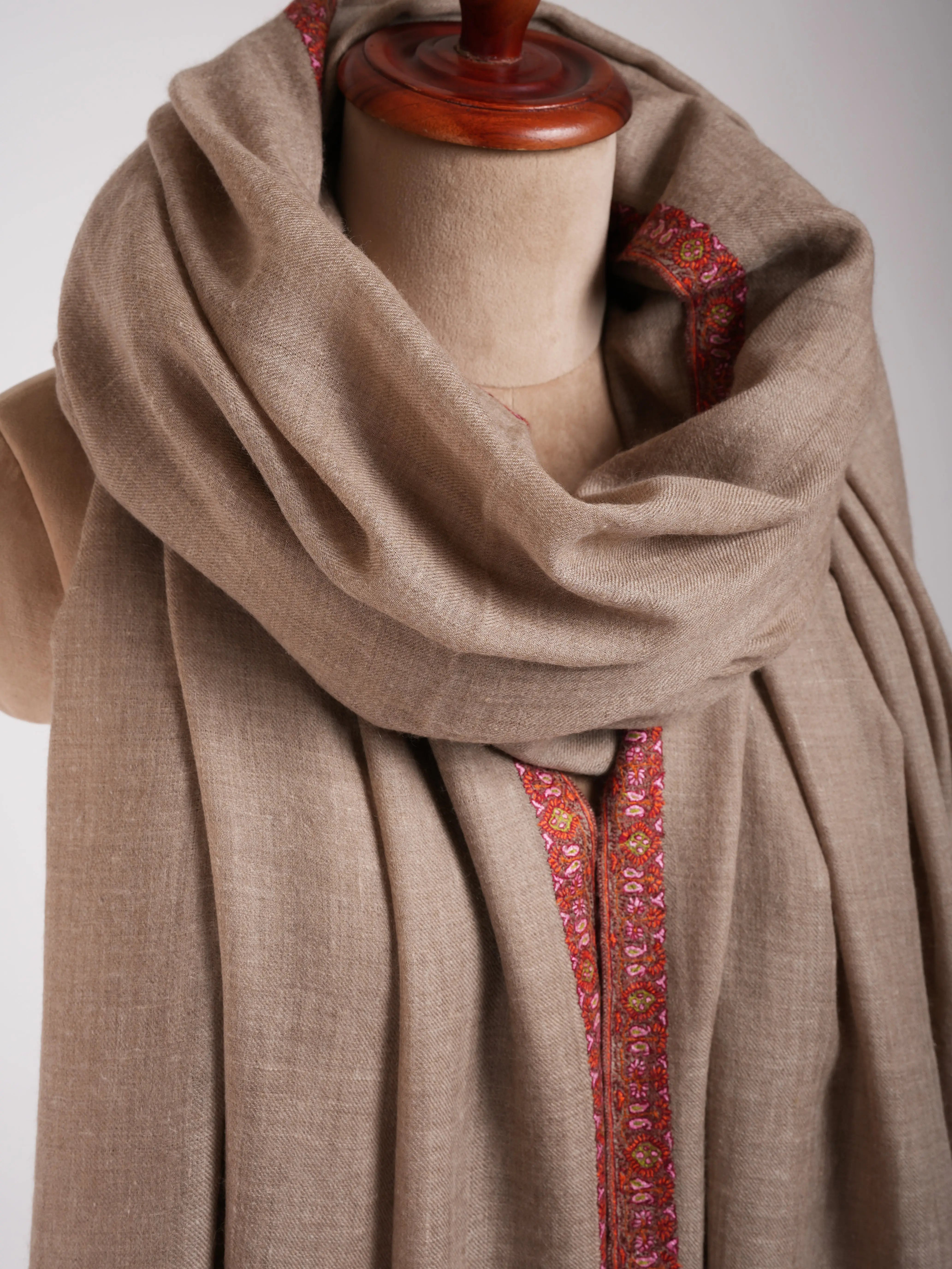 Natural Grey Sozni Embroidered Oversized Original Pashmina Shawl Shahkaar