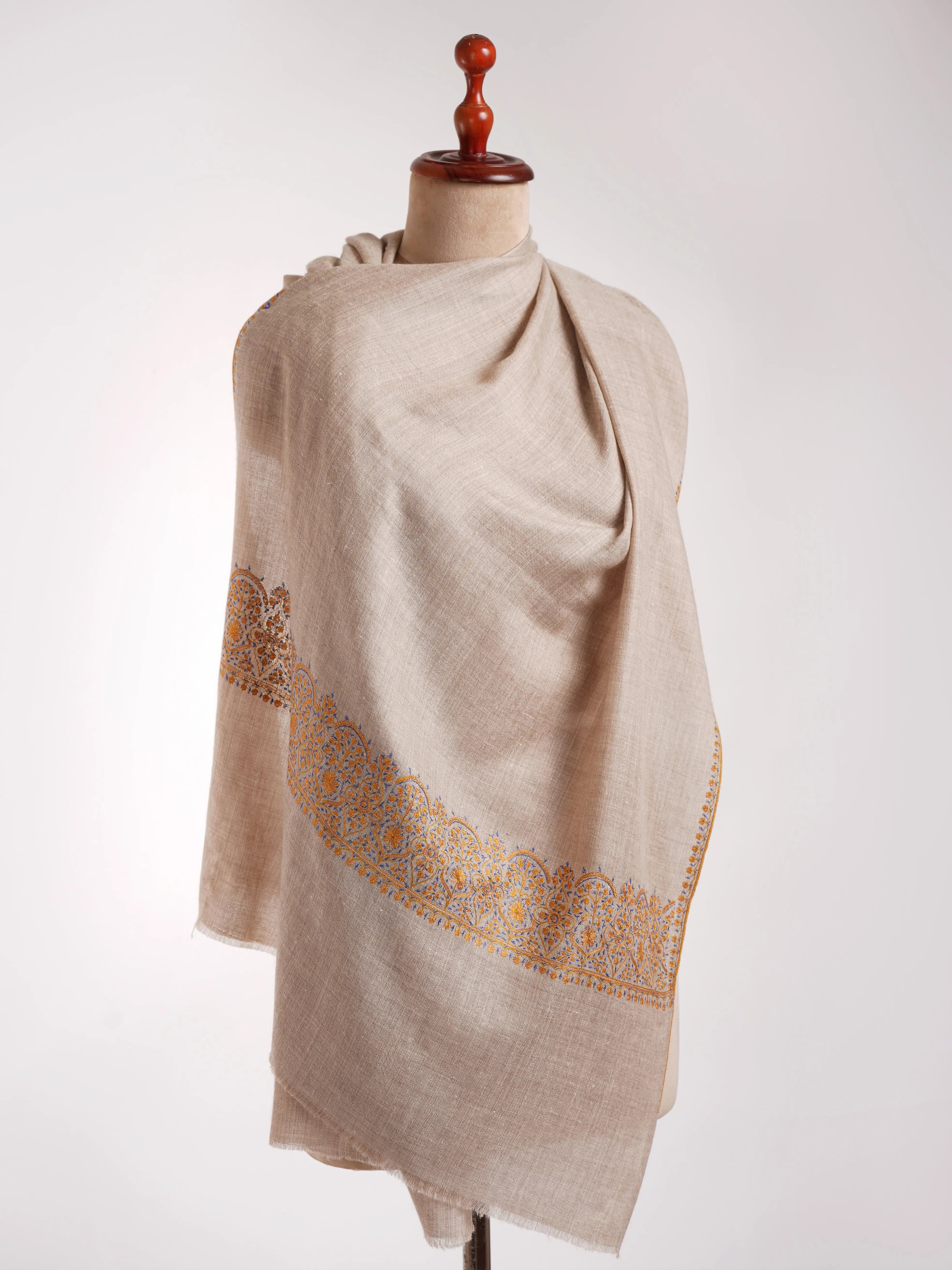 Natural Grey Sozni Embroidered Palla Cashmere Gift Scarf Shahkaar
