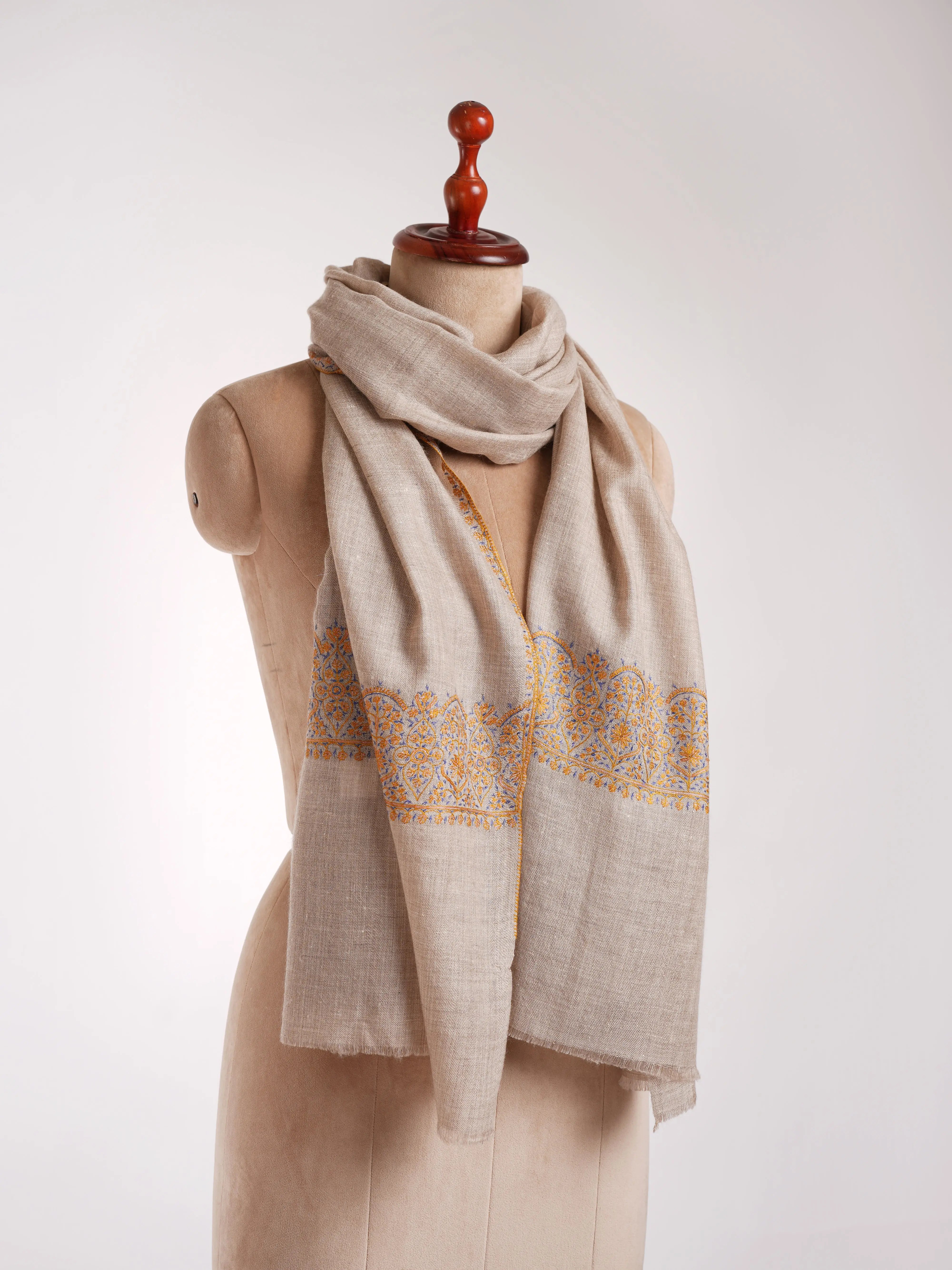 Natural Grey Sozni Embroidered Palla Cashmere Gift Scarf Shahkaar