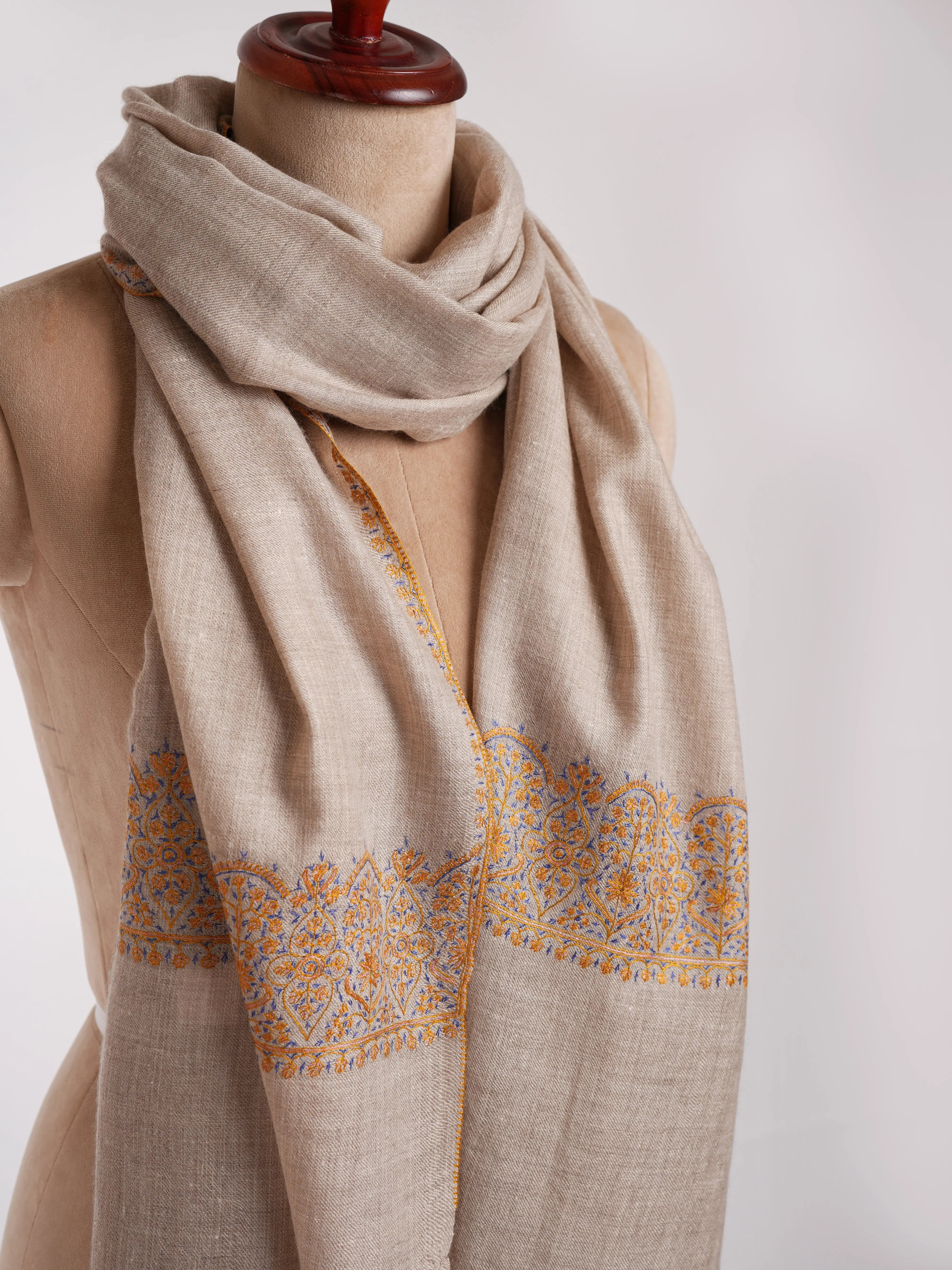 Natural Grey Sozni Embroidered Palla Cashmere Gift Scarf Shahkaar