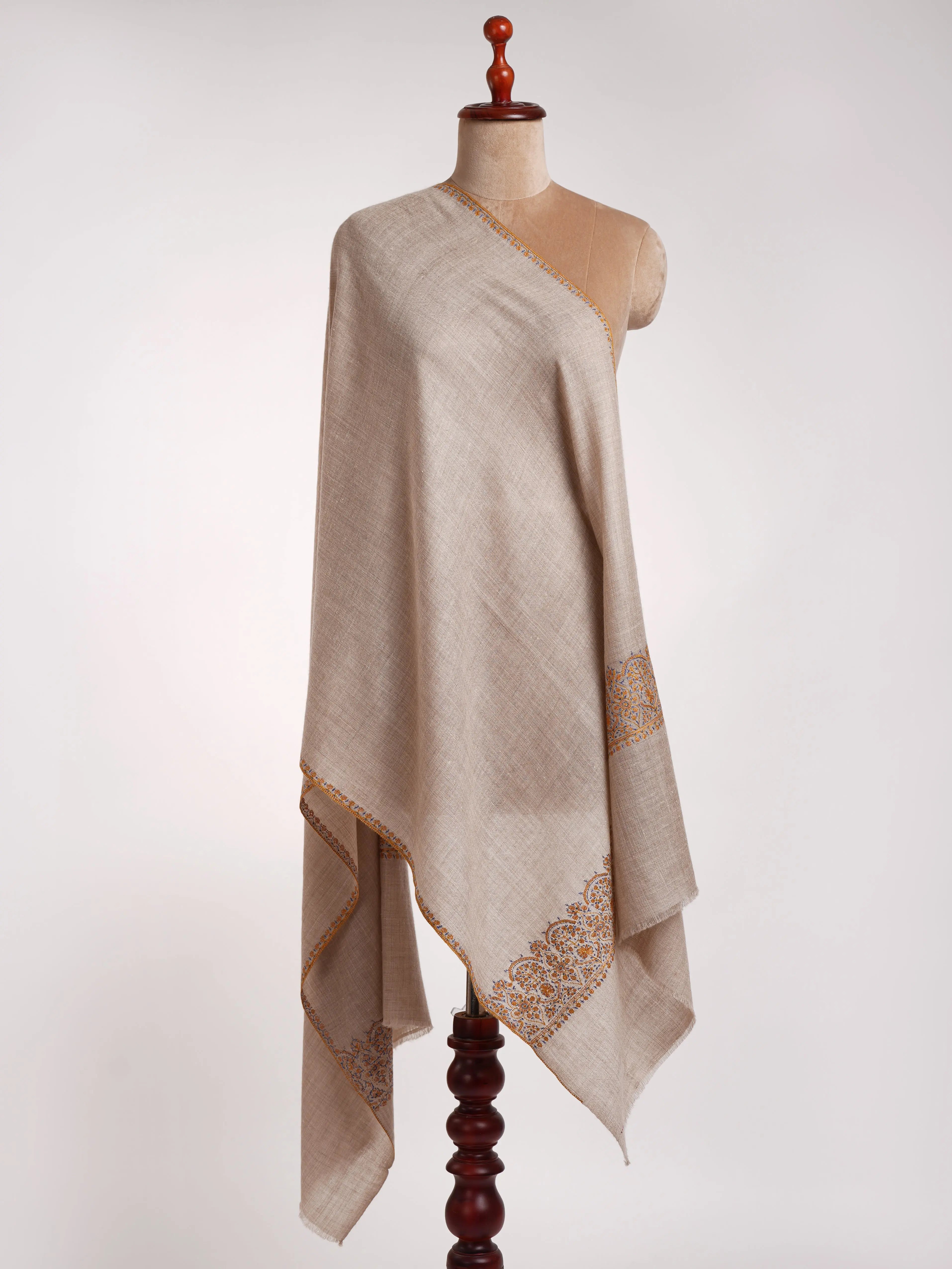 Natural Grey Sozni Embroidered Palla Cashmere Gift Scarf Shahkaar