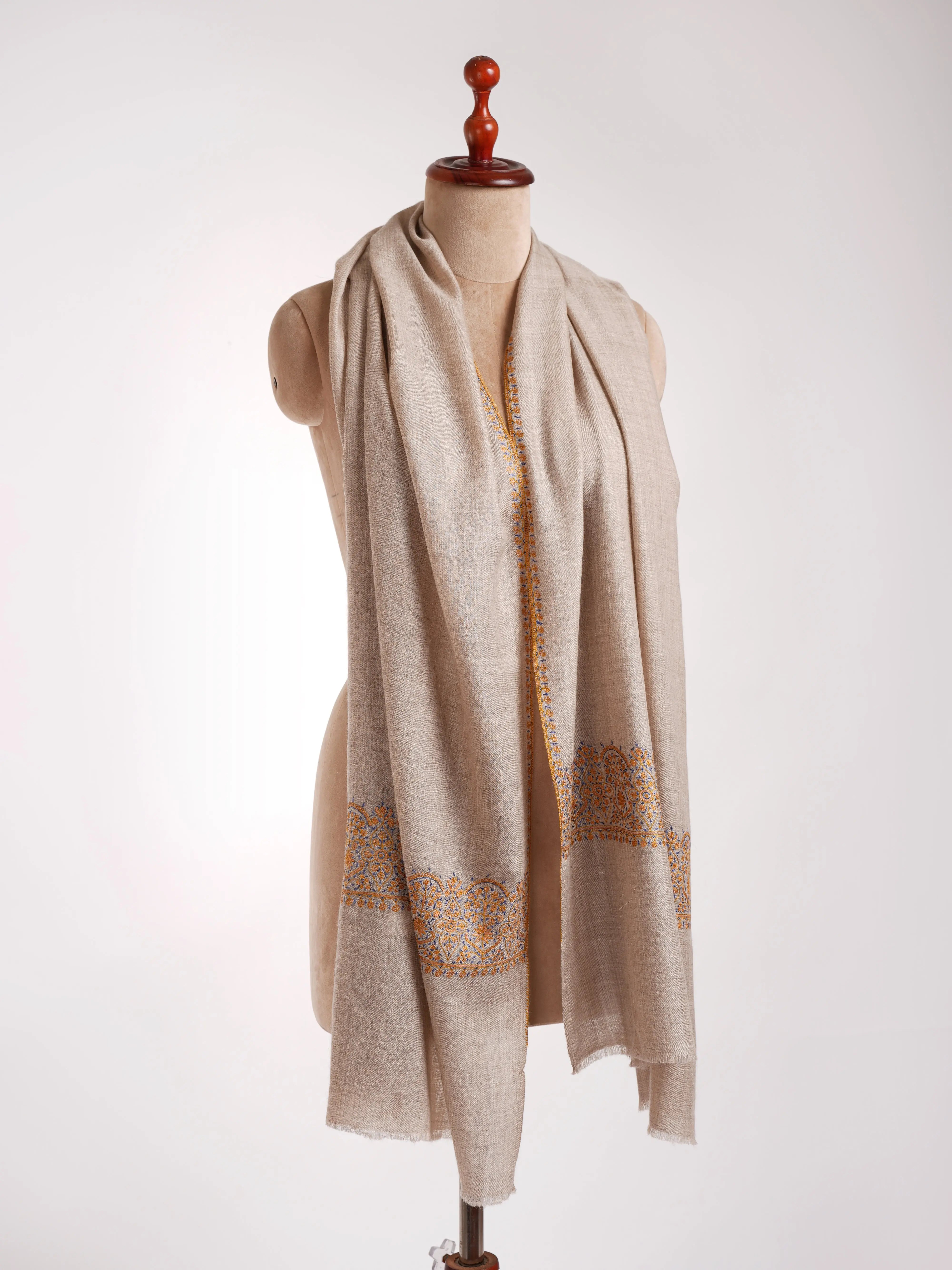 Natural Grey Sozni Embroidered Palla Cashmere Gift Scarf Shahkaar
