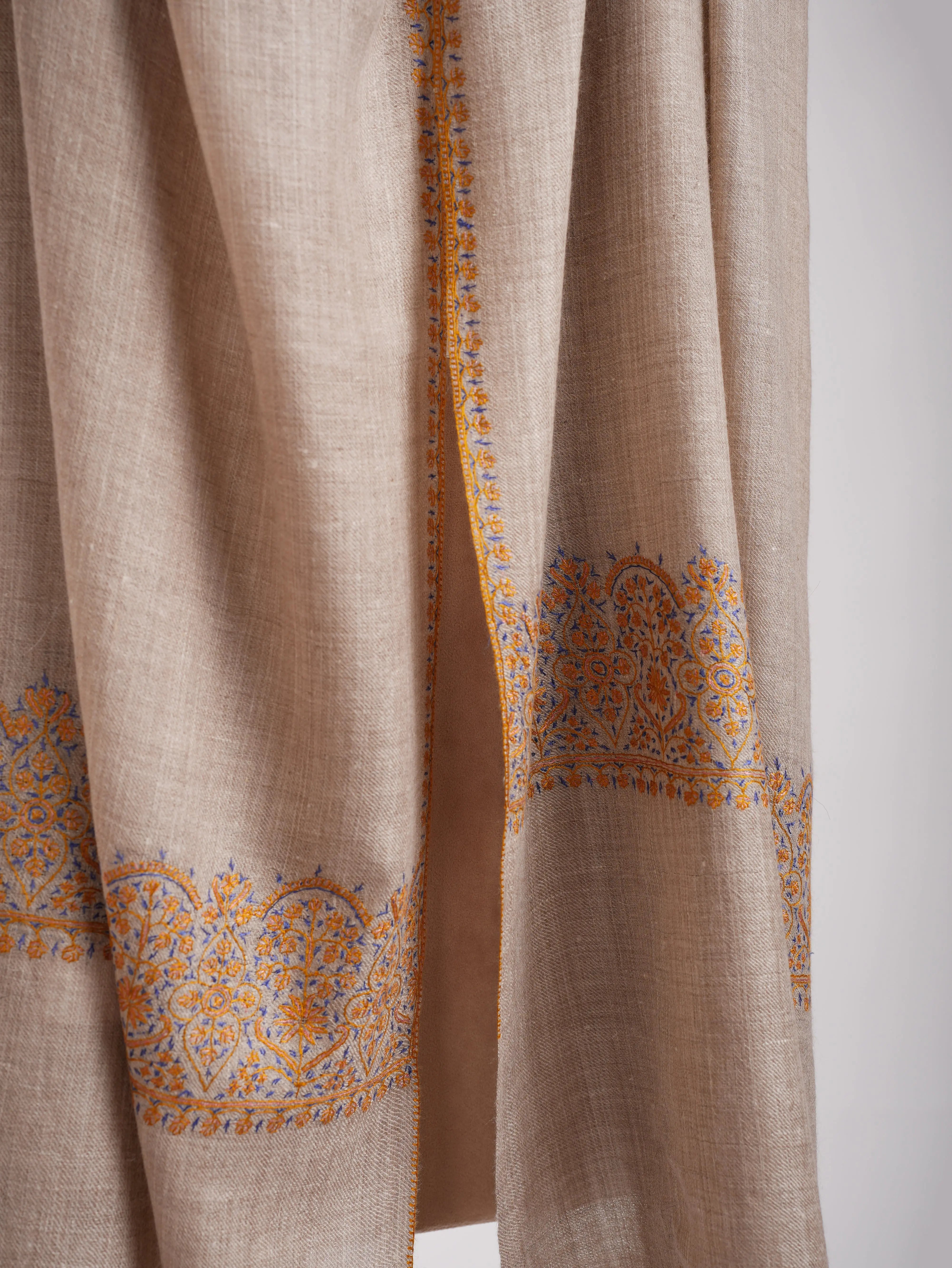 Natural Grey Sozni Embroidered Palla Cashmere Gift Scarf Shahkaar