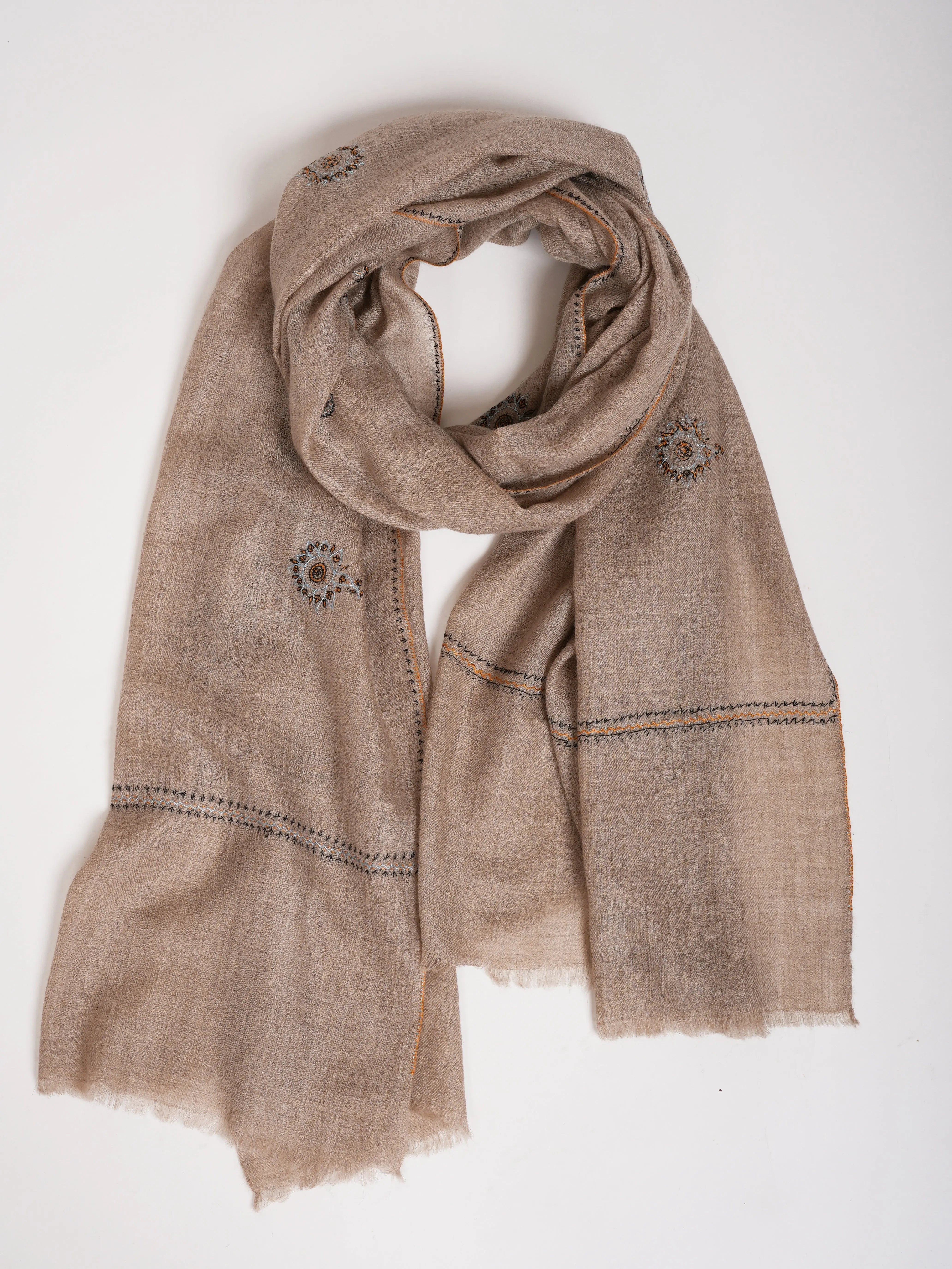 Natural Grey Sozni Embroidered Pure Cashmere Shahkaar