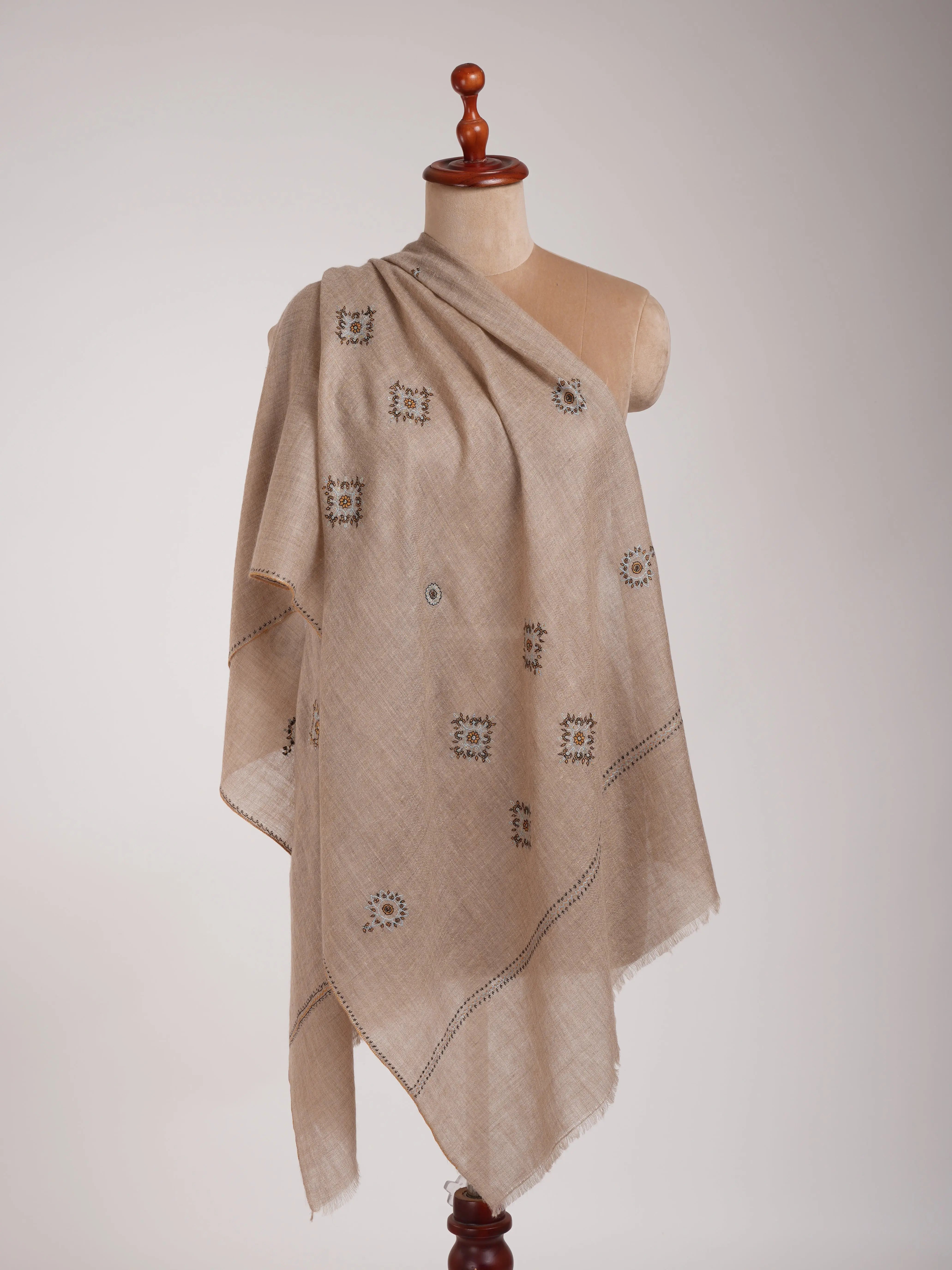 Natural Grey Sozni Embroidered Pure Cashmere Shahkaar