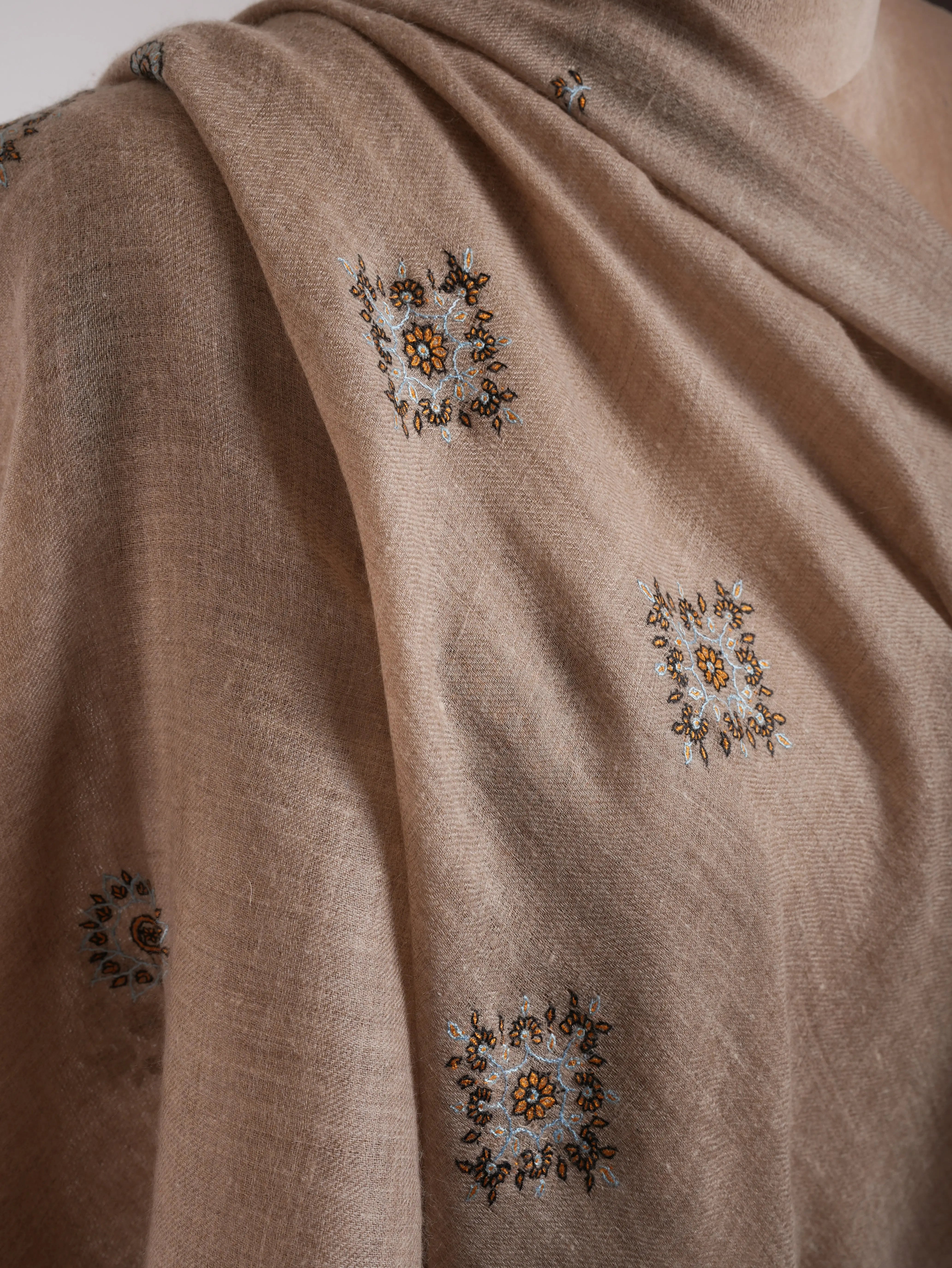 Natural Grey Sozni Embroidered Pure Cashmere Shahkaar