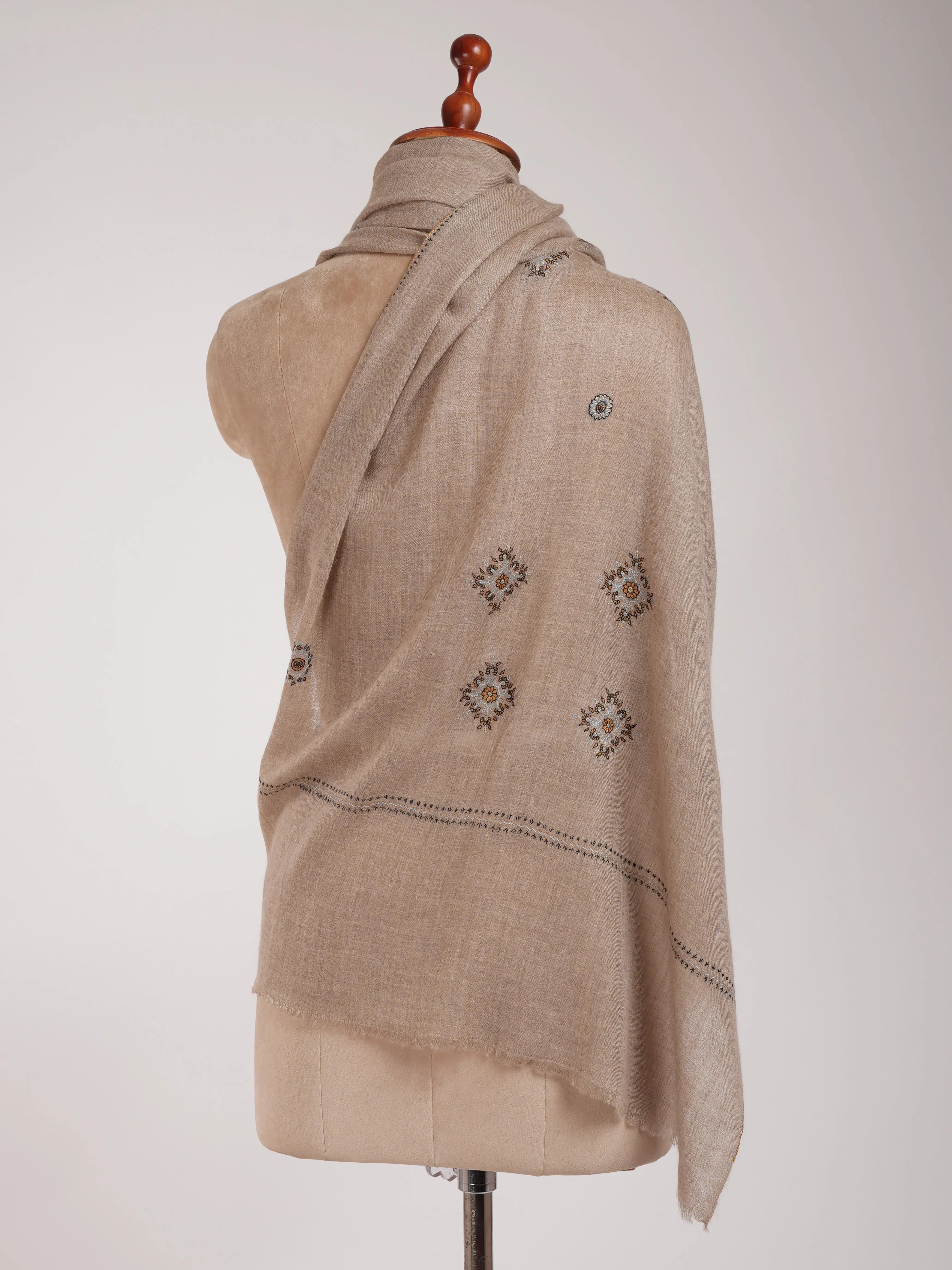 Natural Grey Sozni Embroidered Pure Cashmere Shahkaar