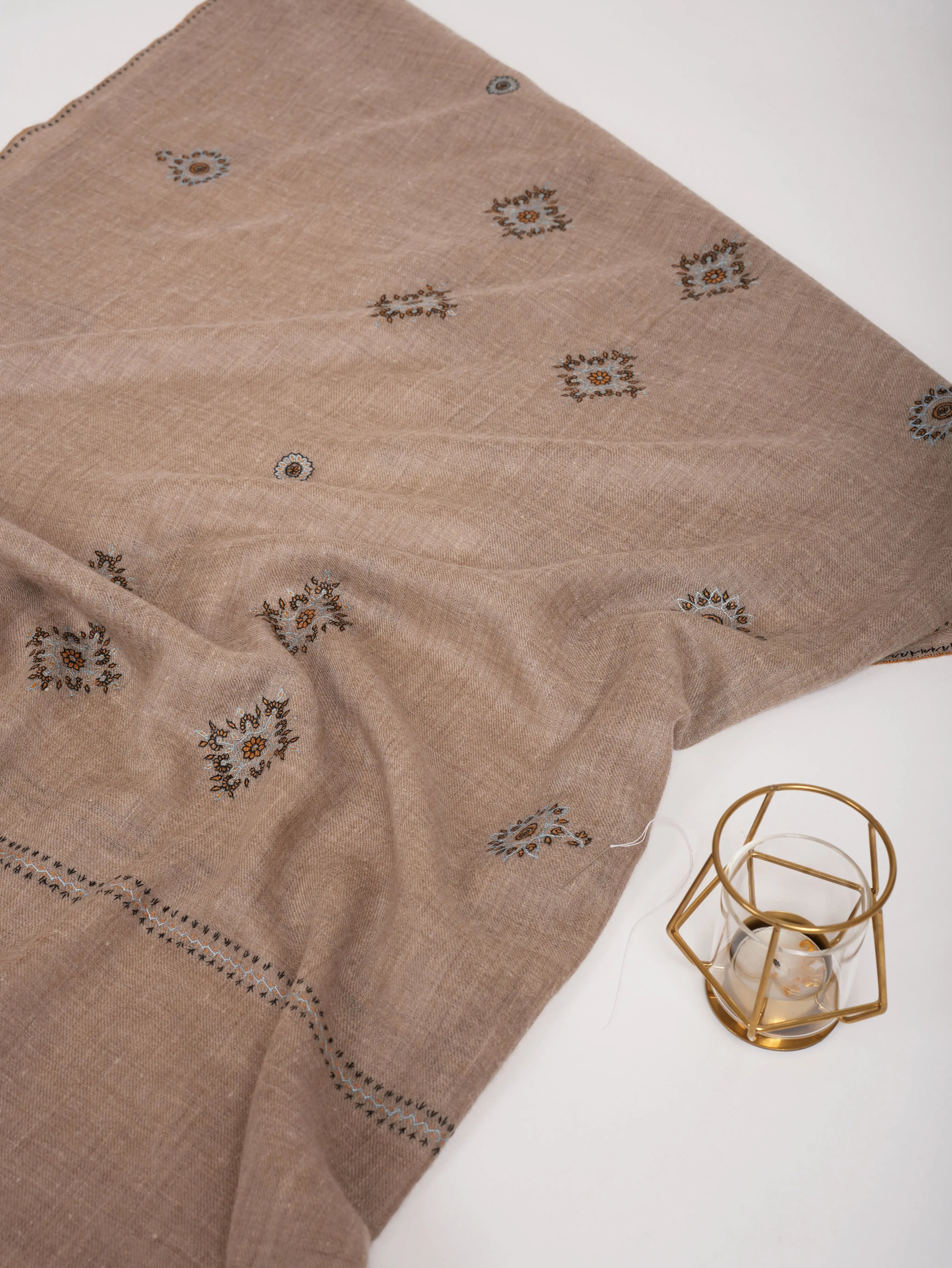 Natural Grey Sozni Embroidered Pure Cashmere Shahkaar