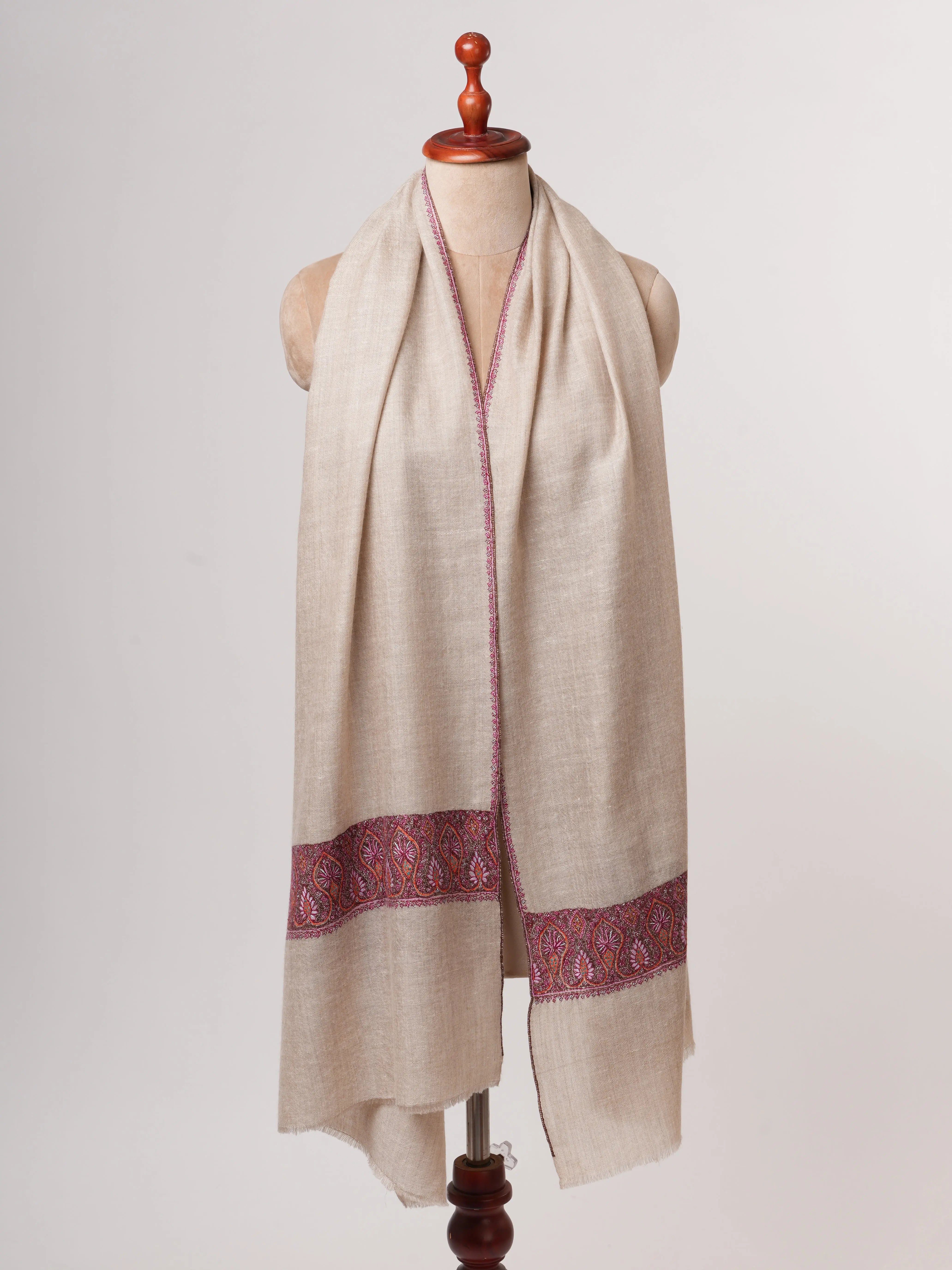 Natural Grey Sustainable Cashmere Scarf with Palla Sozni Embroidery Shahkaar