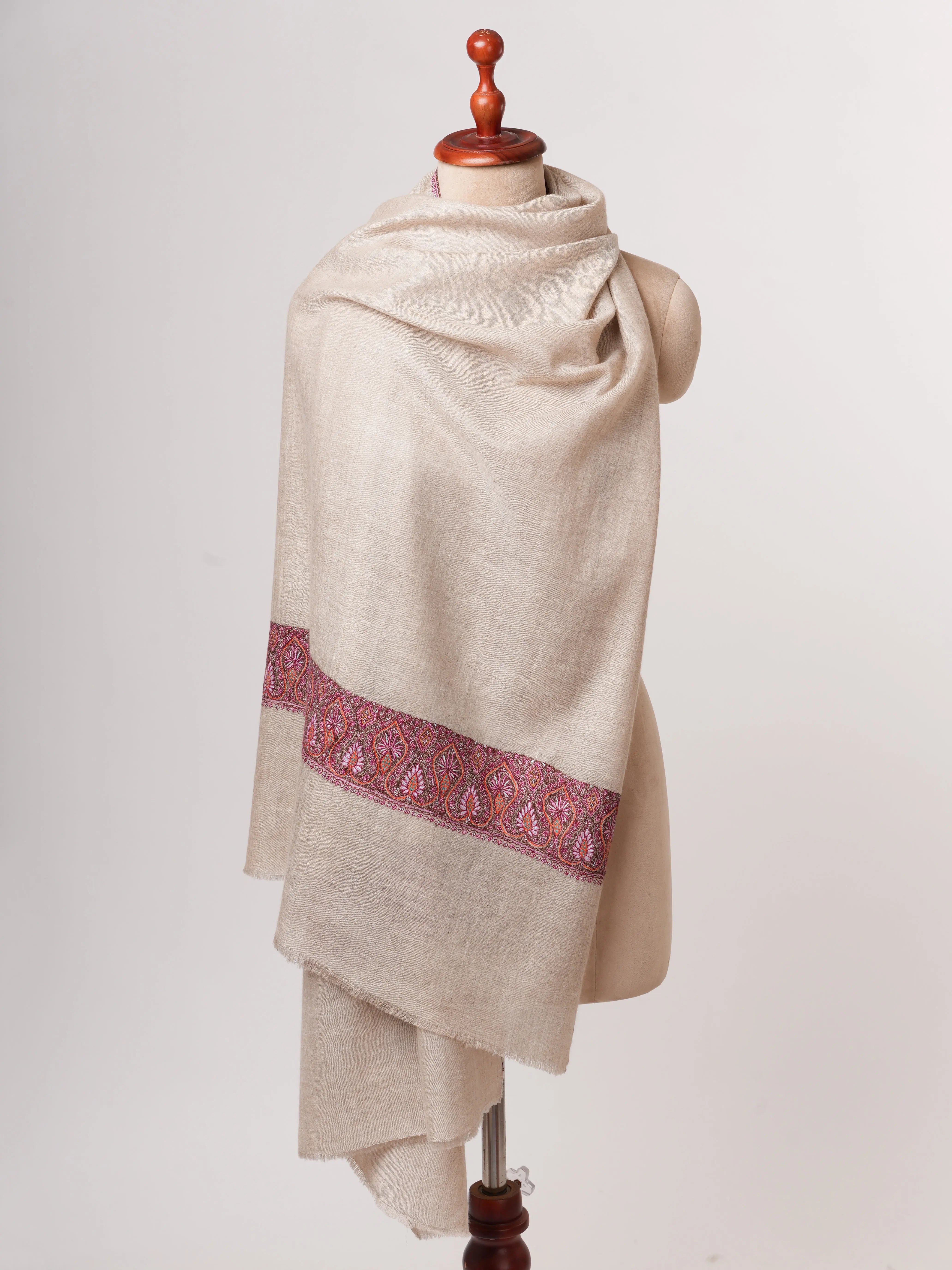 Natural Grey Sustainable Cashmere Scarf with Palla Sozni Embroidery Shahkaar