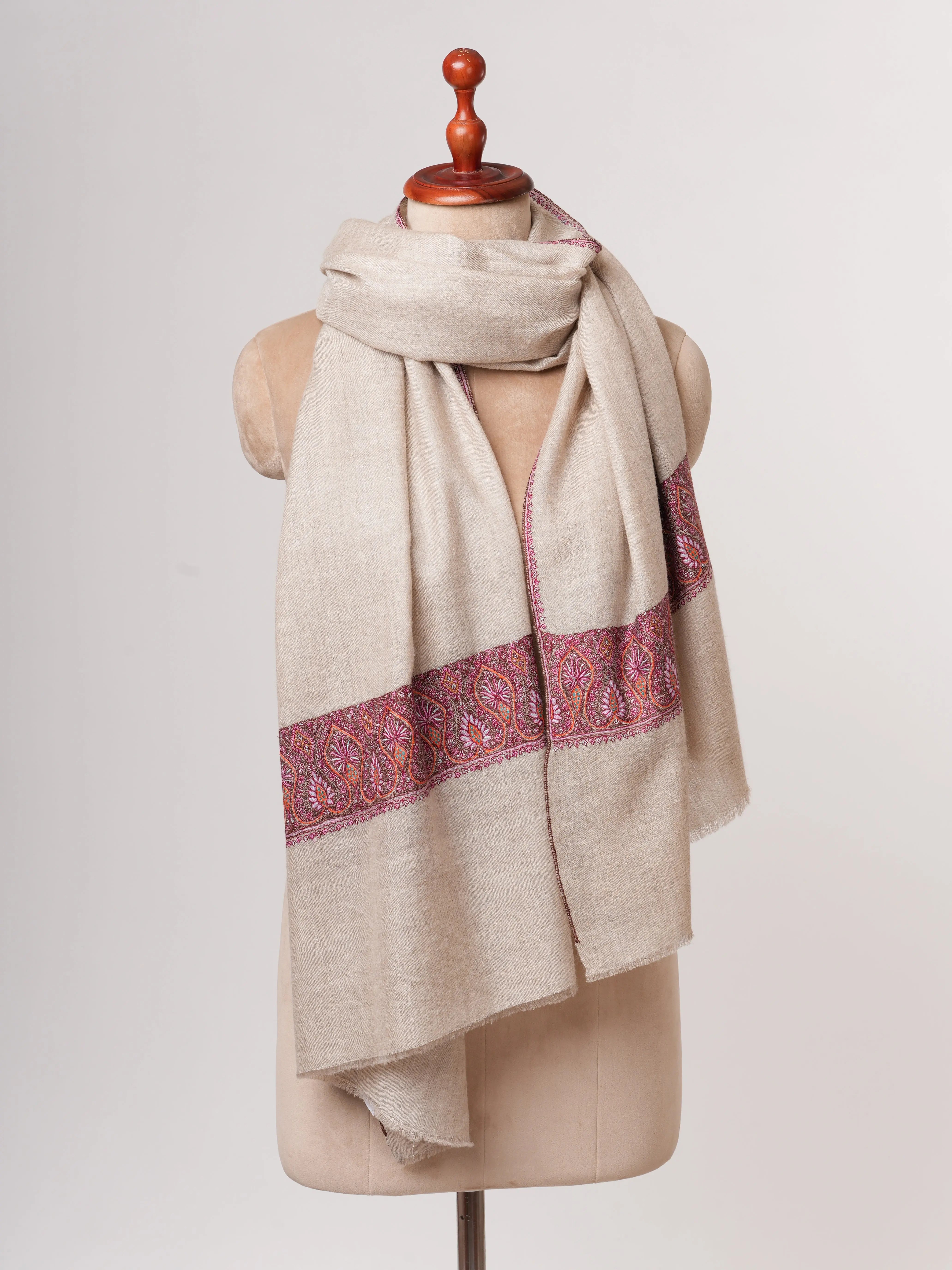 Natural Grey Sustainable Cashmere Scarf with Palla Sozni Embroidery Shahkaar