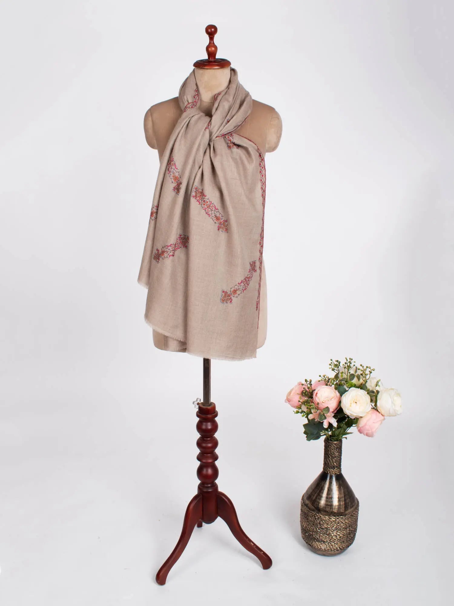 Natural Grey With Embroidery Pashmina Shawl - MODESTO Shahkaar