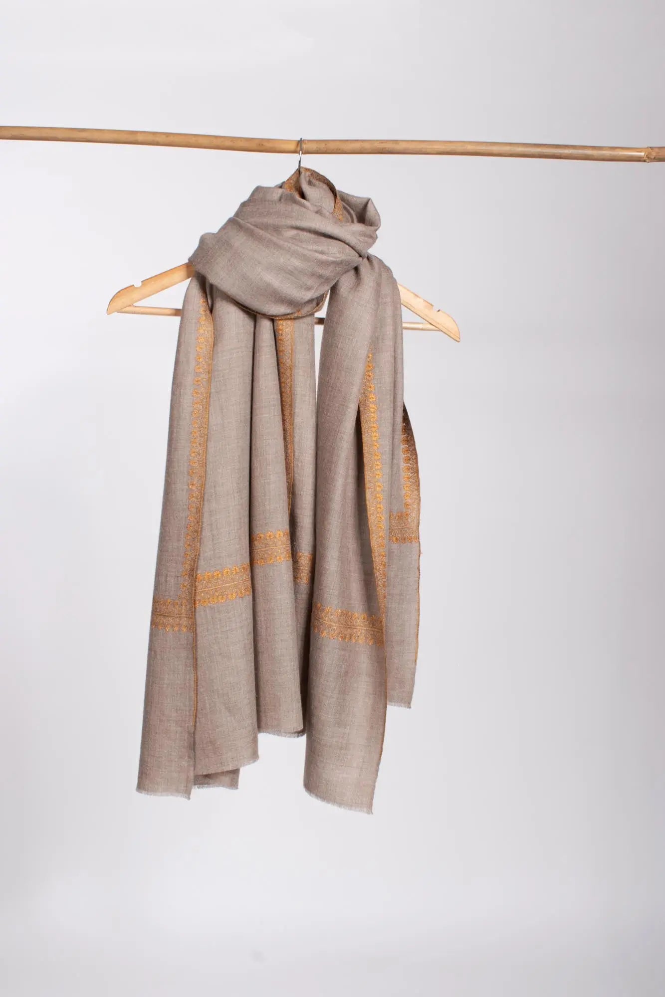 Natural Grey with Gold Border Embroidered Pashmina Wrap - RYE Shahkaar