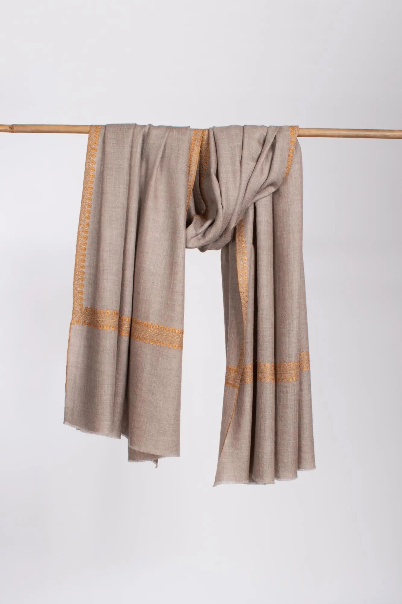 Natural Grey with Gold Border Embroidered Pashmina Wrap - RYE Shahkaar