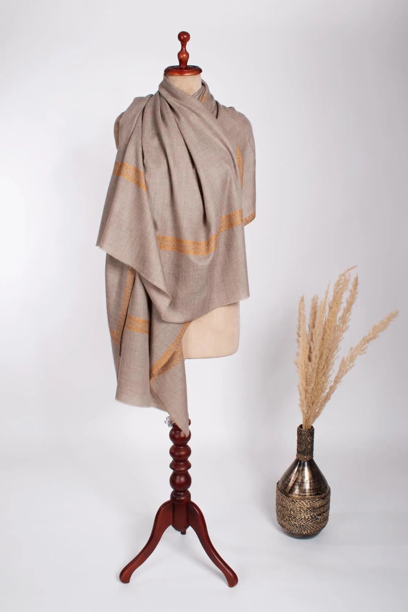 Natural Grey with Gold Border Embroidered Pashmina Wrap - RYE Shahkaar