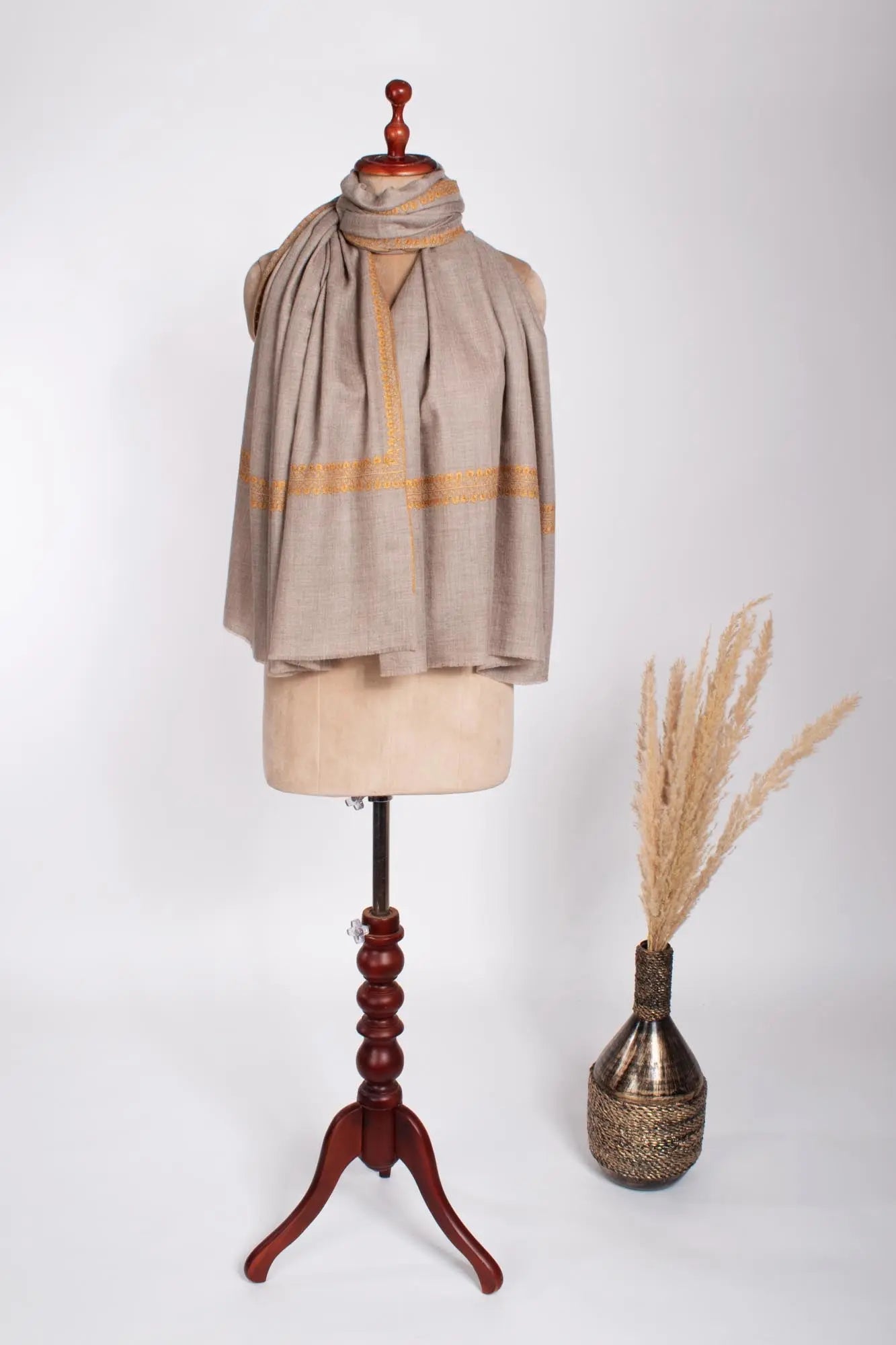 Natural Grey with Gold Border Embroidered Pashmina Wrap - RYE Shahkaar