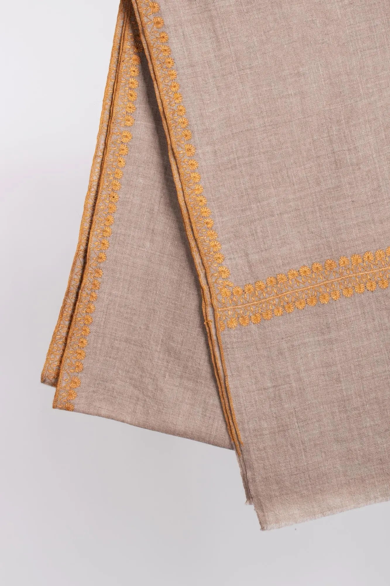 Natural Grey with Gold Border Embroidered Pashmina Wrap - RYE Shahkaar