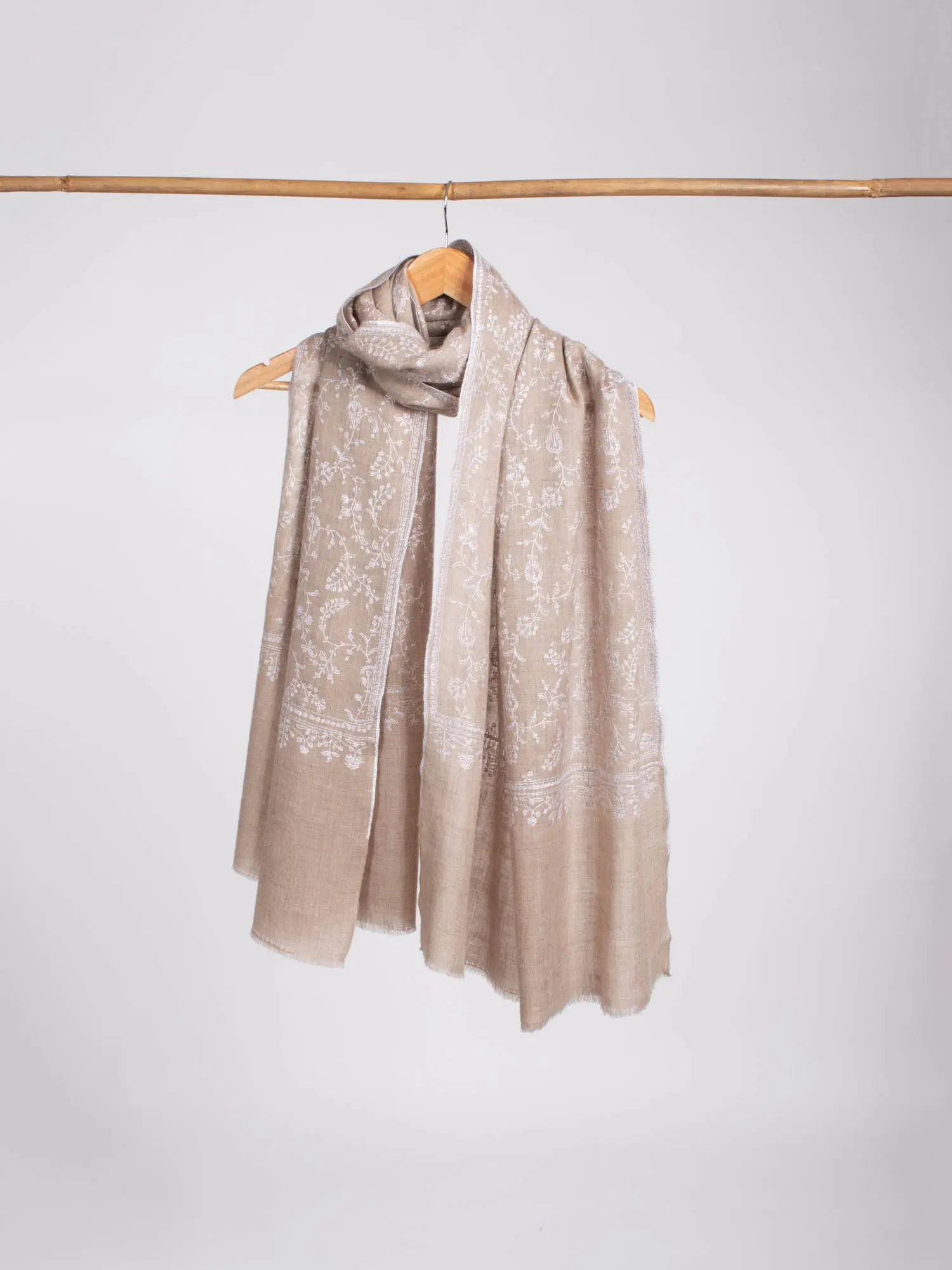 Natural Grey with White Embroidery Cashmere Stole - WORLAND Shahkaar
