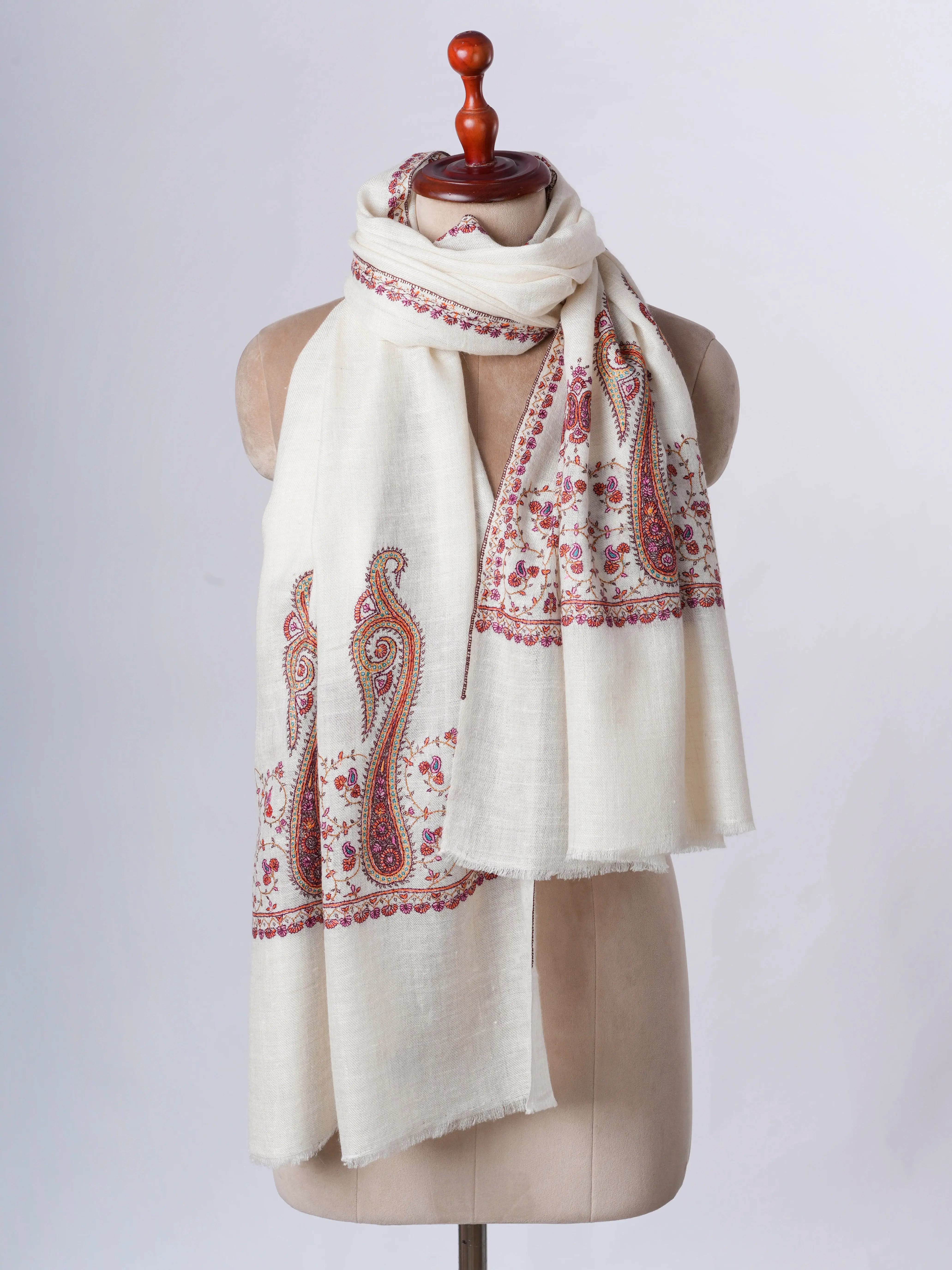 Natural Ivory Baby Soft Cashmere Scarf with Palla Needlepoint Embroidery Shahkaar
