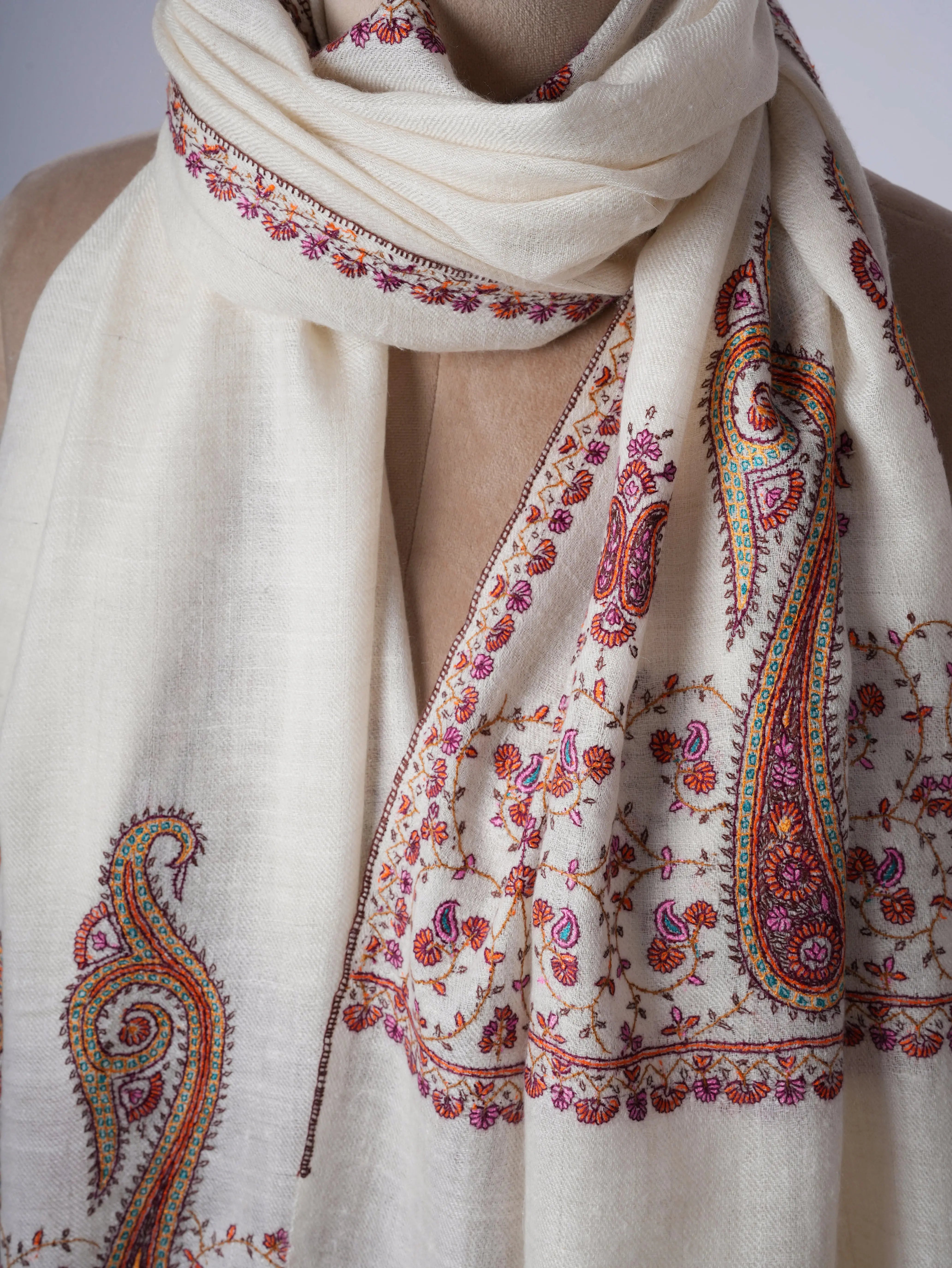 Natural Ivory Baby Soft Cashmere Scarf with Palla Needlepoint Embroidery Shahkaar