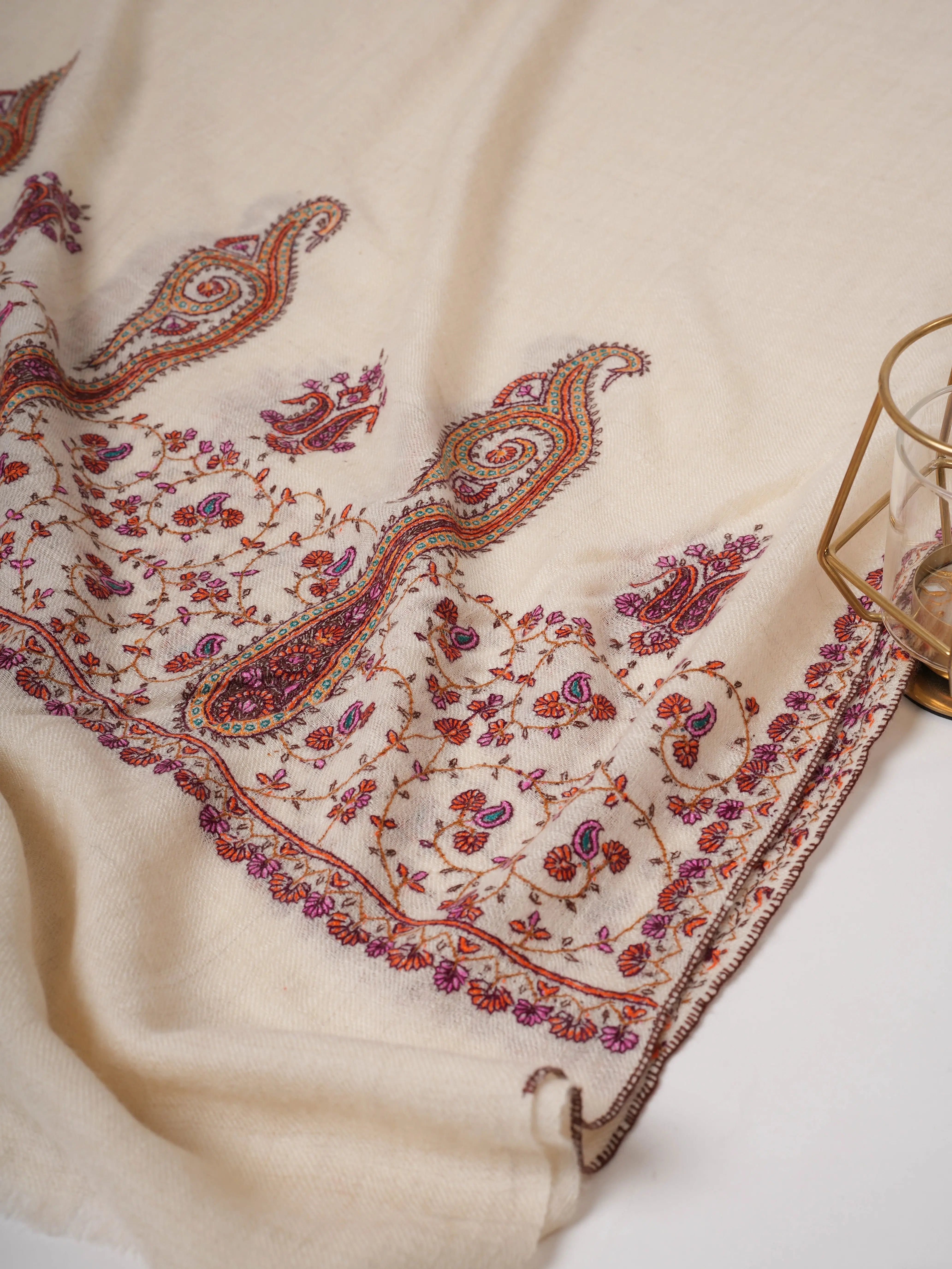 Natural Ivory Baby Soft Cashmere Scarf with Palla Needlepoint Embroidery Shahkaar
