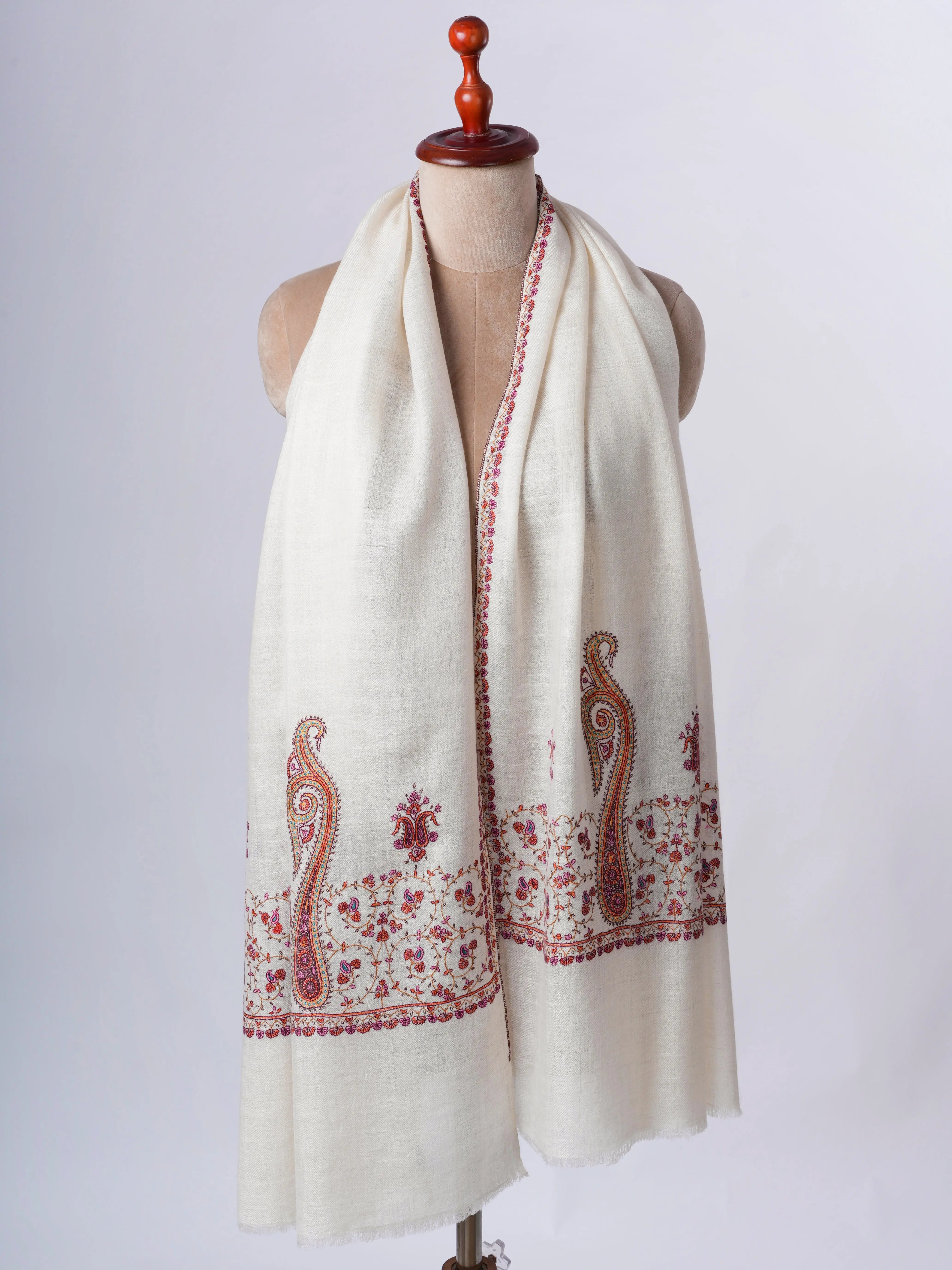 Natural Ivory Baby Soft Cashmere Scarf with Palla Needlepoint Embroidery Shahkaar