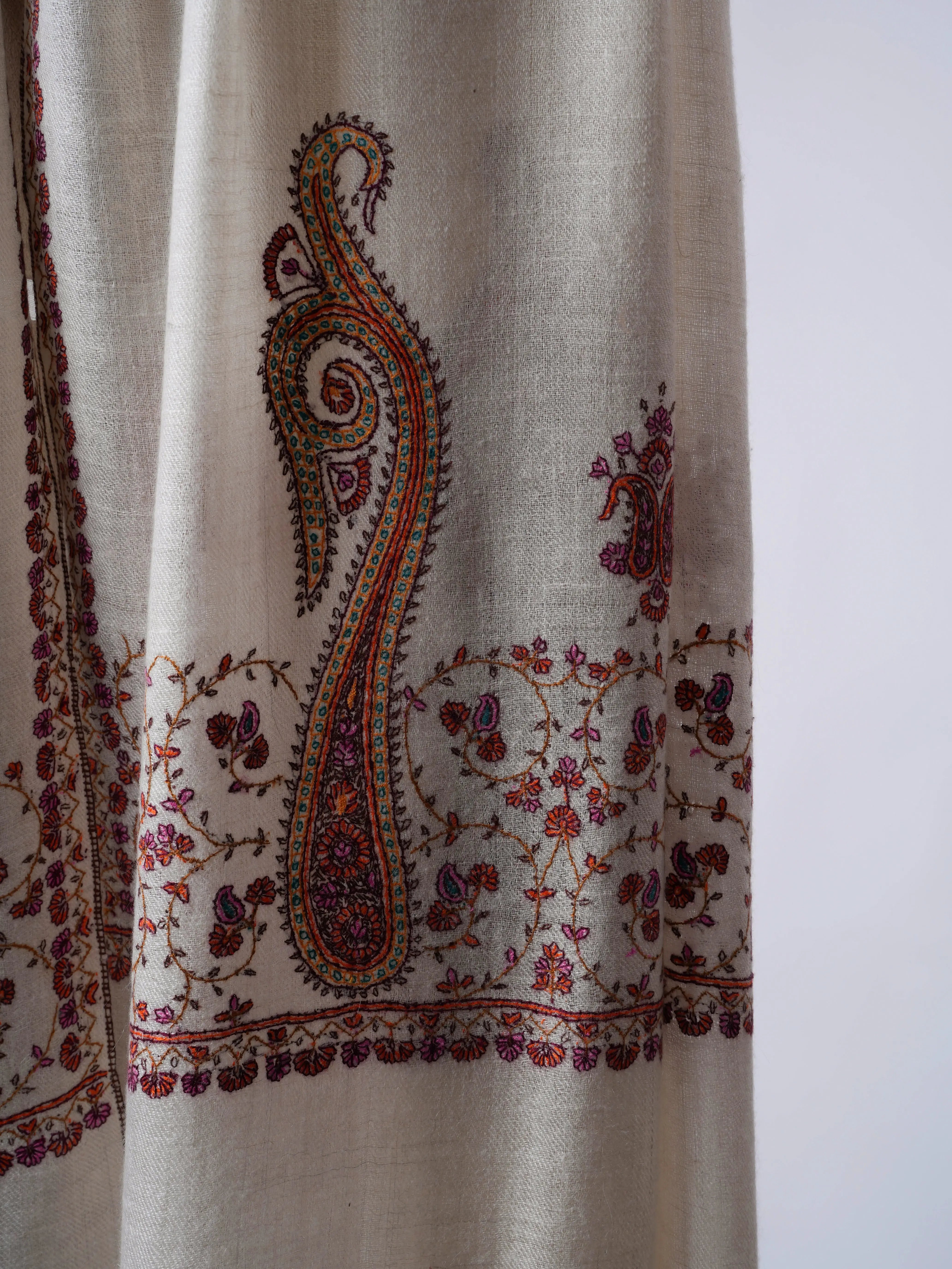 Natural Ivory Baby Soft Cashmere Scarf with Palla Needlepoint Embroidery Shahkaar