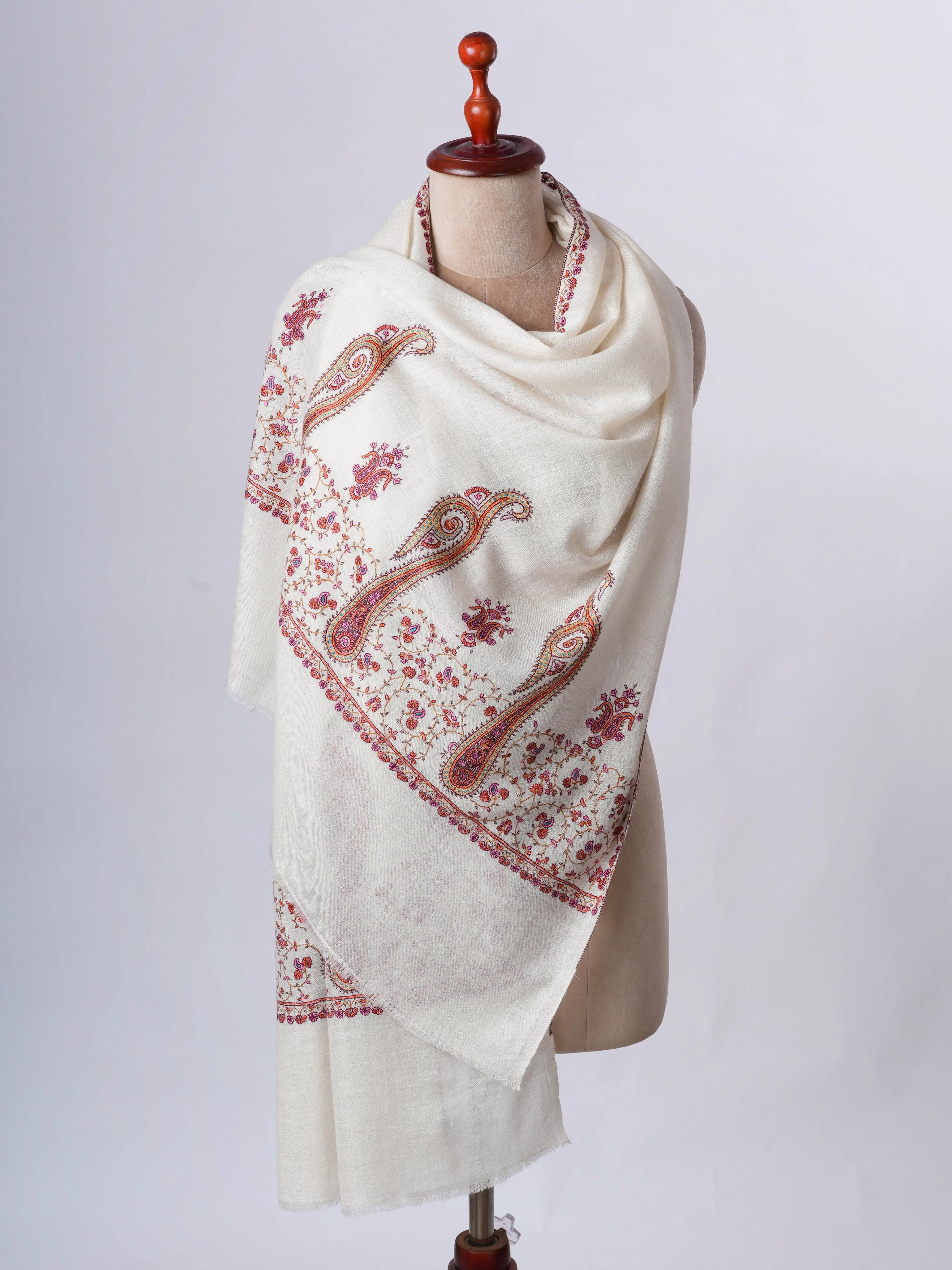 Natural Ivory Baby Soft Cashmere Scarf with Palla Needlepoint Embroidery Shahkaar