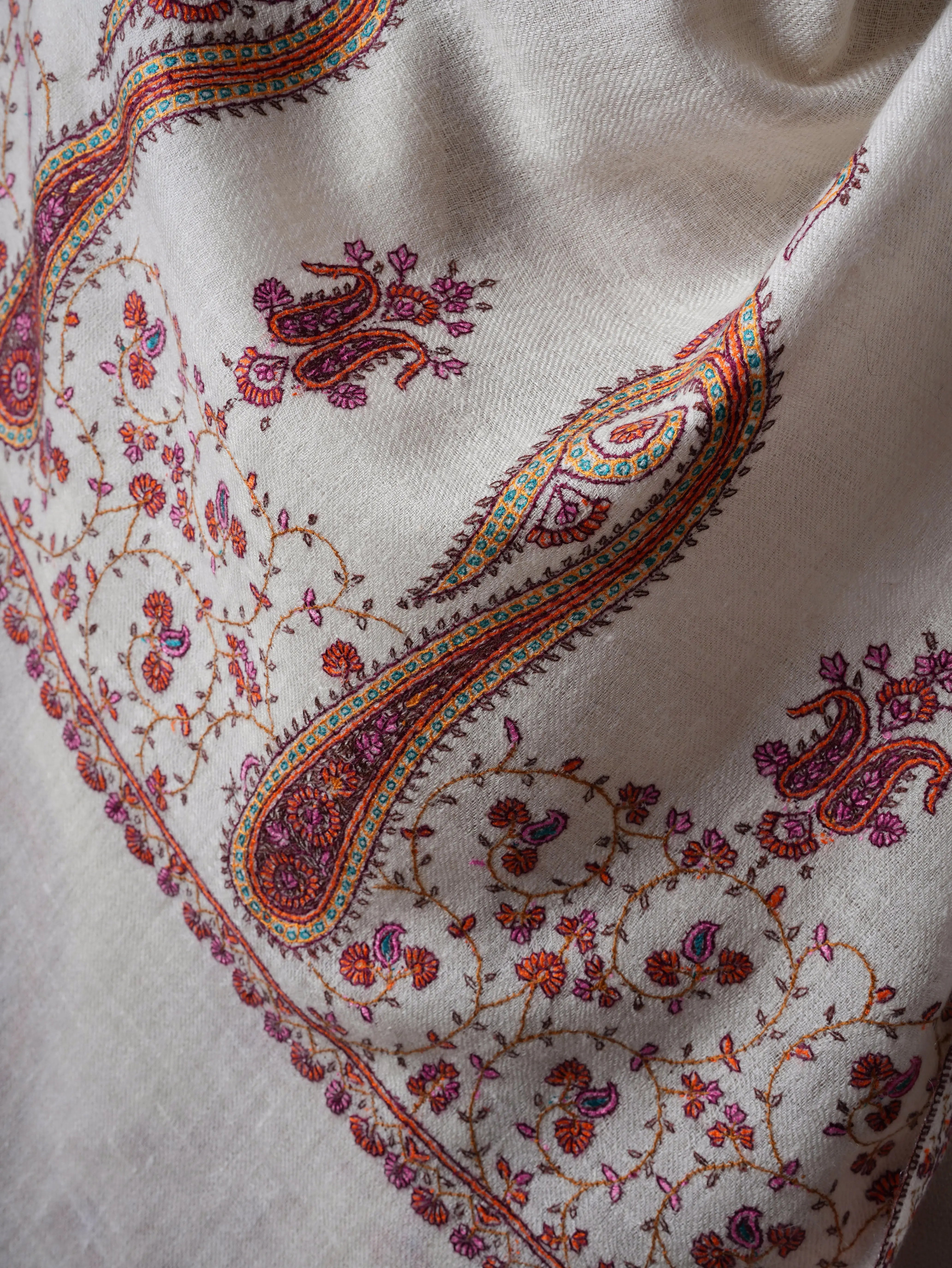 Natural Ivory Baby Soft Cashmere Scarf with Palla Needlepoint Embroidery Shahkaar