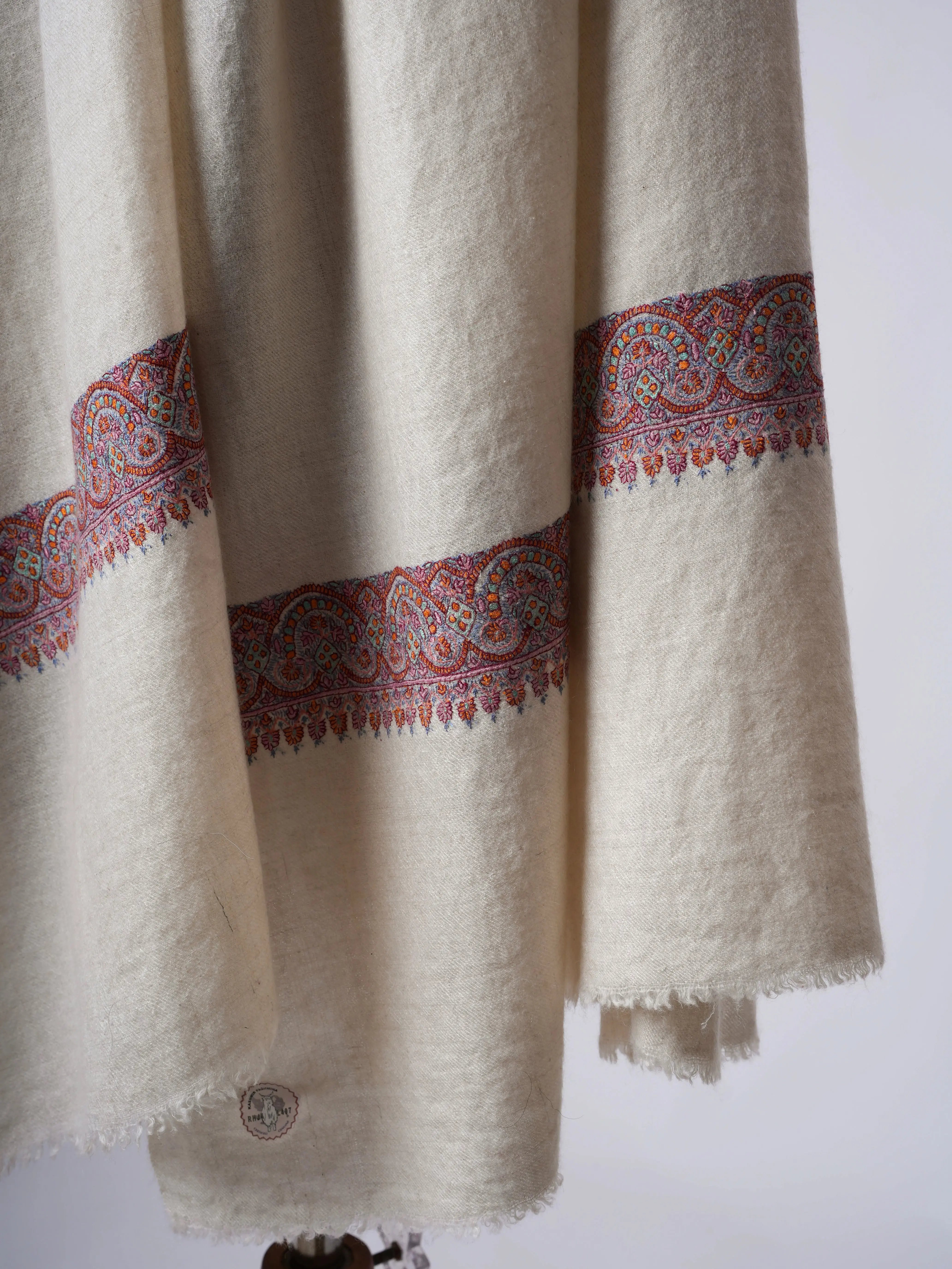 Natural Ivory Handspun Pashmina Shawl with Neemdaur Embroidery Shahkaar