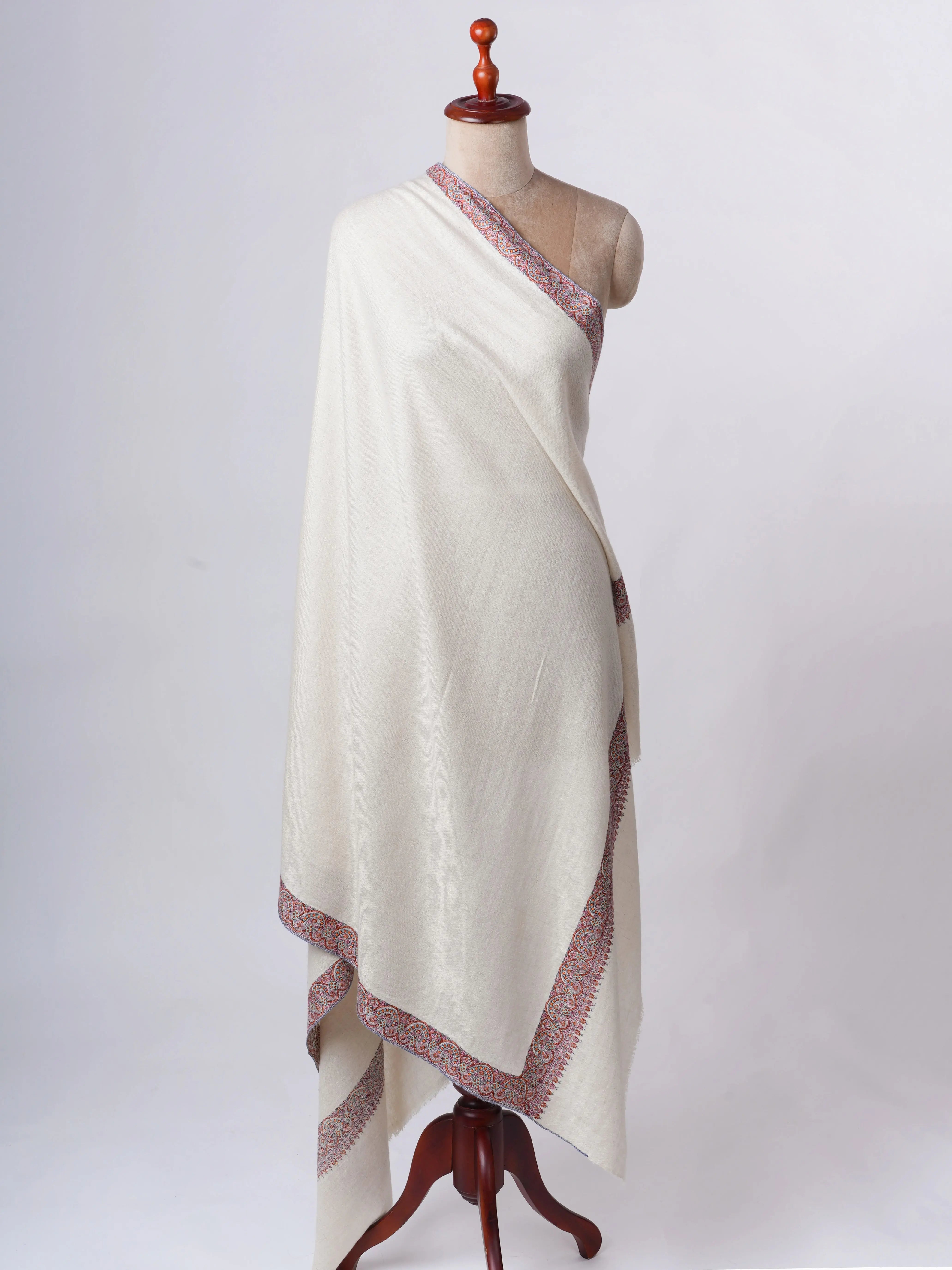Natural Ivory Handspun Pashmina Shawl with Neemdaur Embroidery Shahkaar