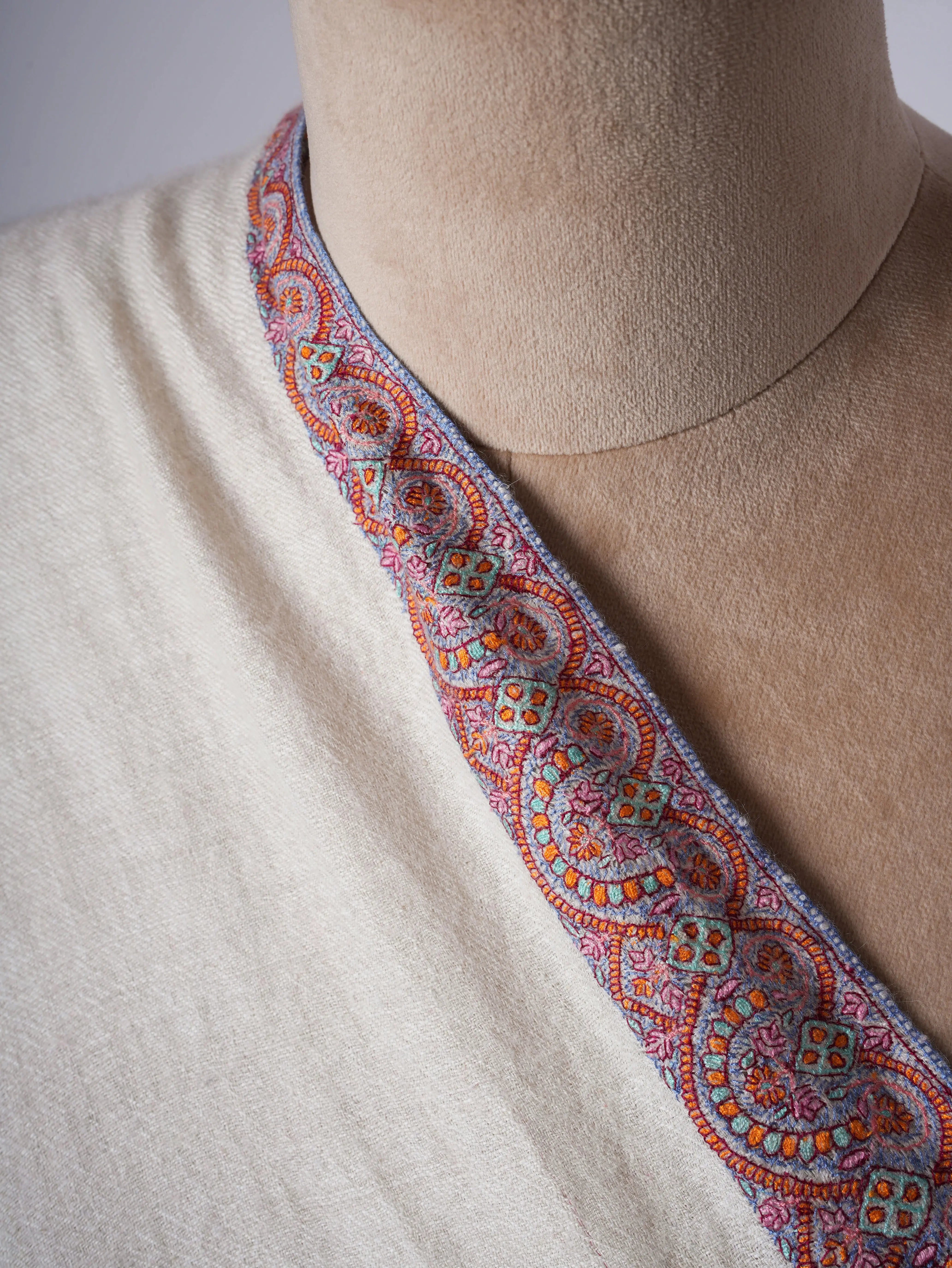 Natural Ivory Handspun Pashmina Shawl with Neemdaur Embroidery Shahkaar