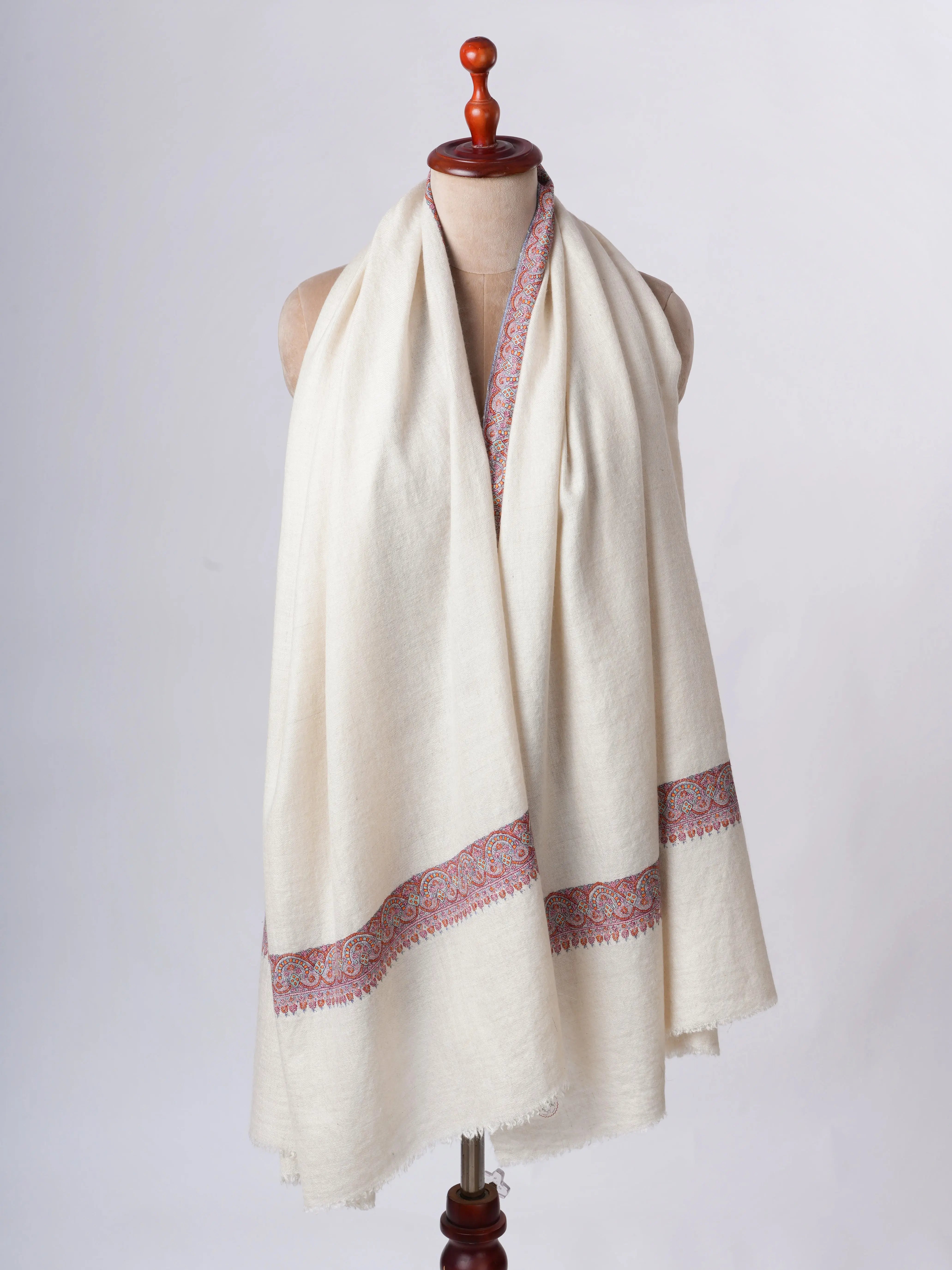 Natural Ivory Handspun Pashmina Shawl with Neemdaur Embroidery Shahkaar