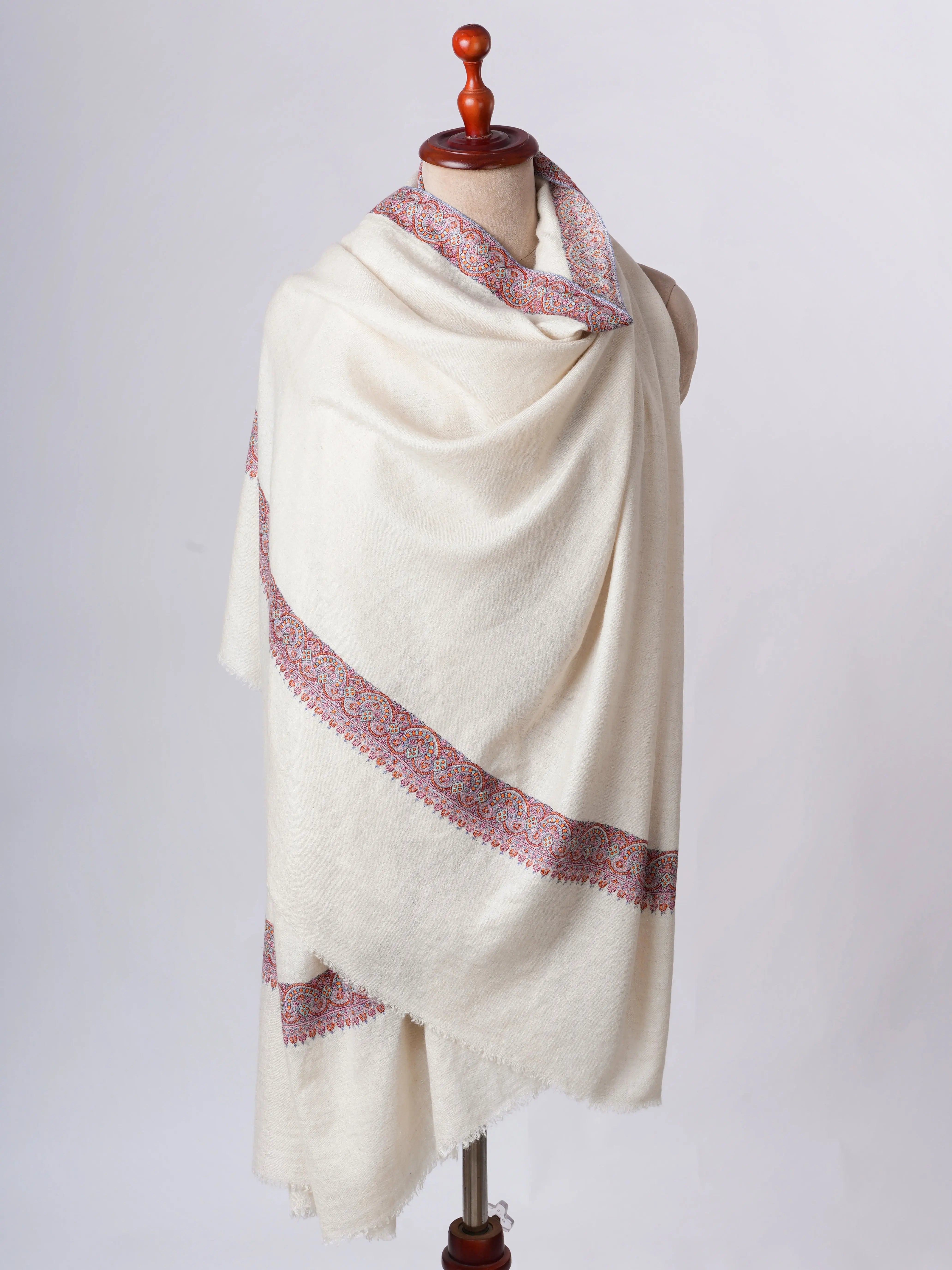 Natural Ivory Handspun Pashmina Shawl with Neemdaur Embroidery Shahkaar