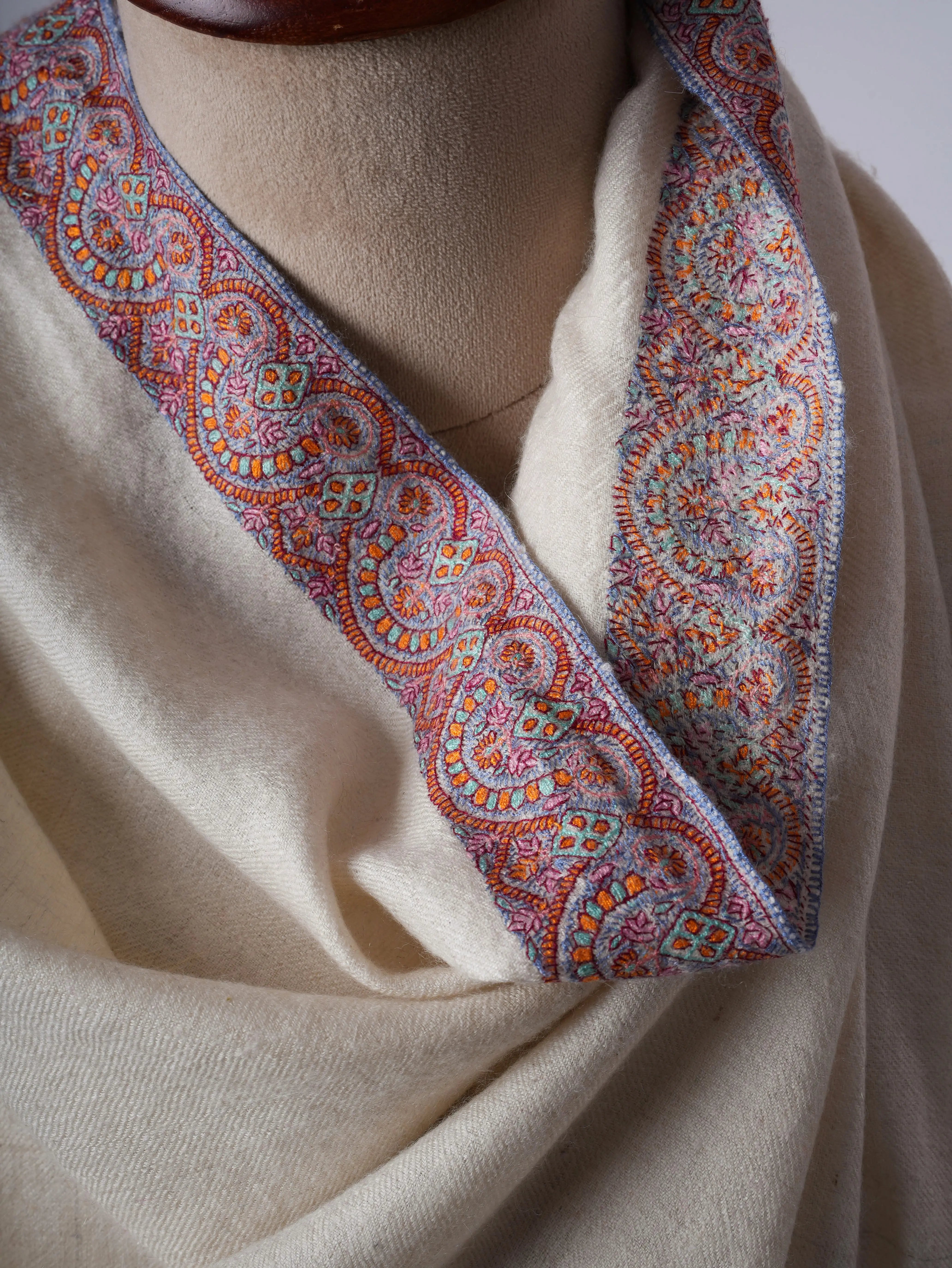 Natural Ivory Handspun Pashmina Shawl with Neemdaur Embroidery Shahkaar