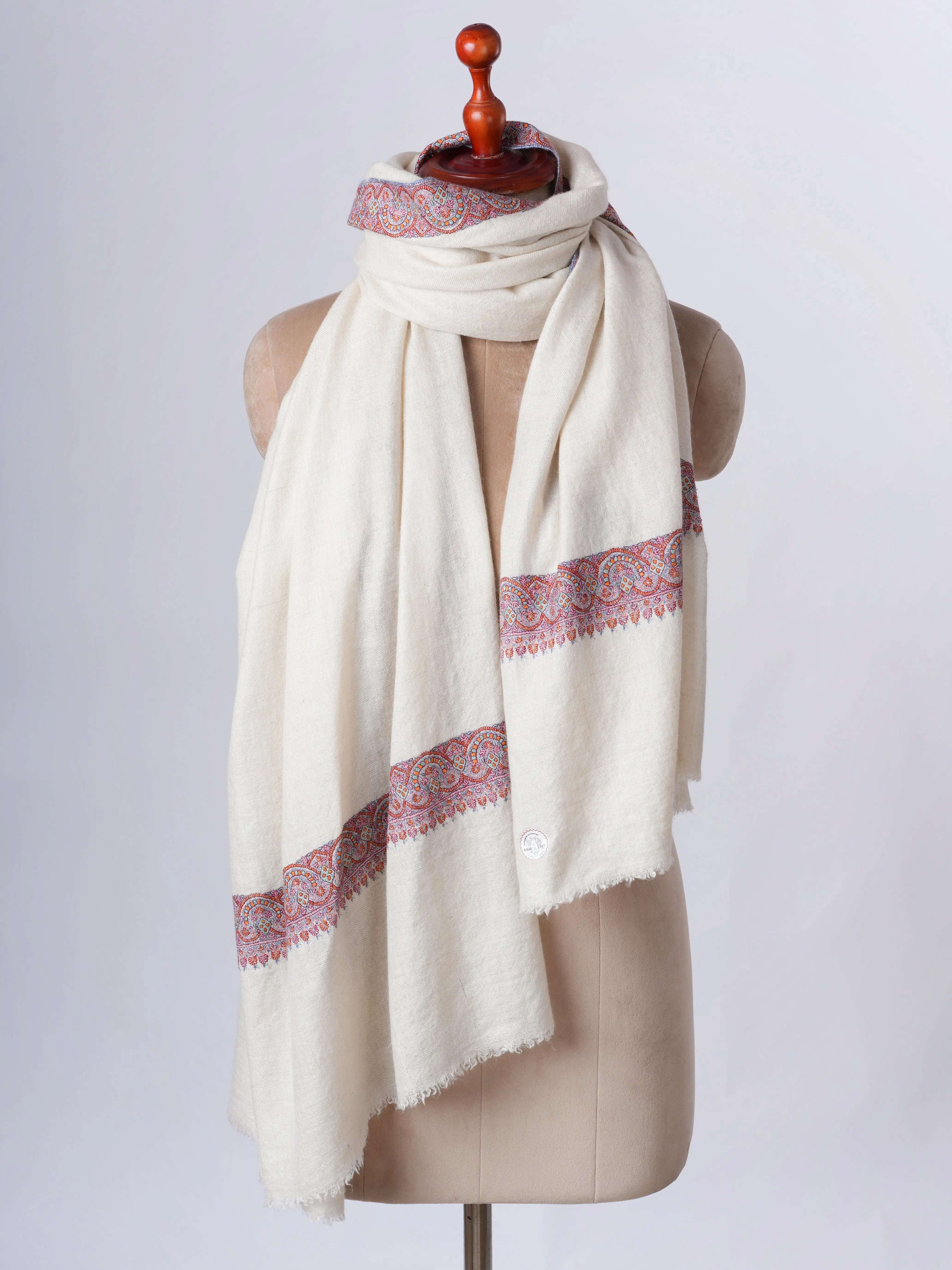Natural Ivory Handspun Pashmina Shawl with Neemdaur Embroidery Shahkaar
