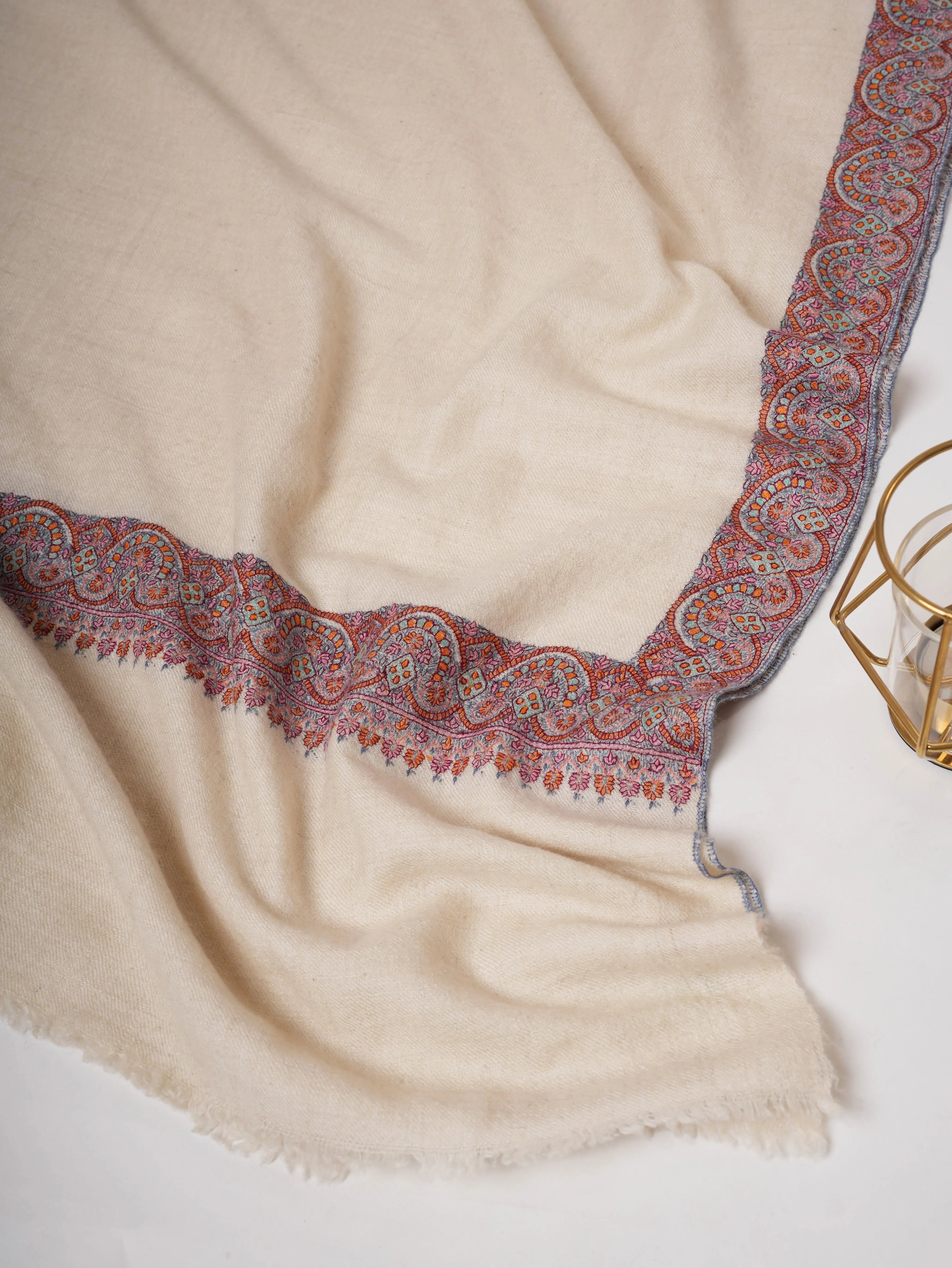Natural Ivory Handspun Pashmina Shawl with Neemdaur Embroidery Shahkaar